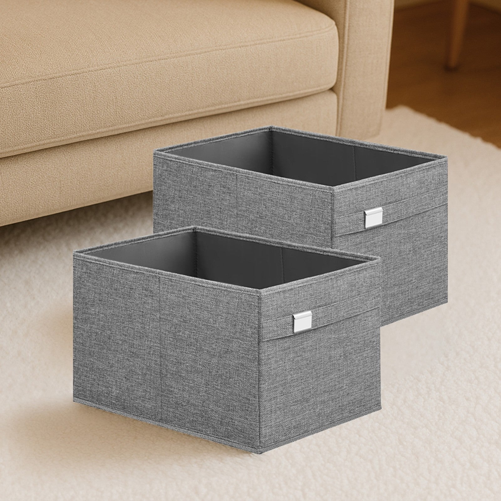 Set of 2 Foldable Wardrobe Storage Baskets - Oxford - Grey - Washable with Handles and Metal Label Holders