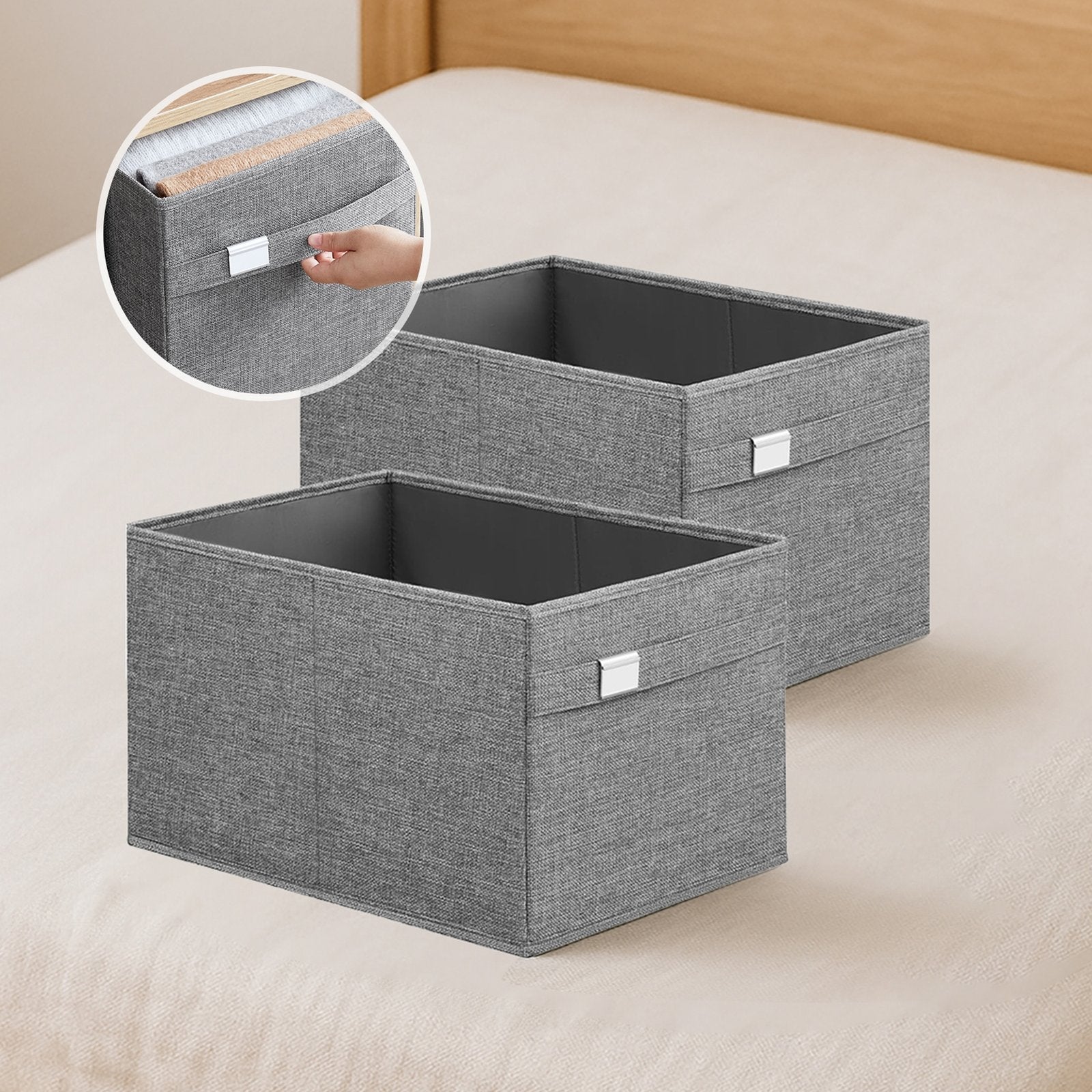 Set of 2 Foldable Wardrobe Storage Baskets - Oxford - Grey - Washable with Handles and Metal Label Holders