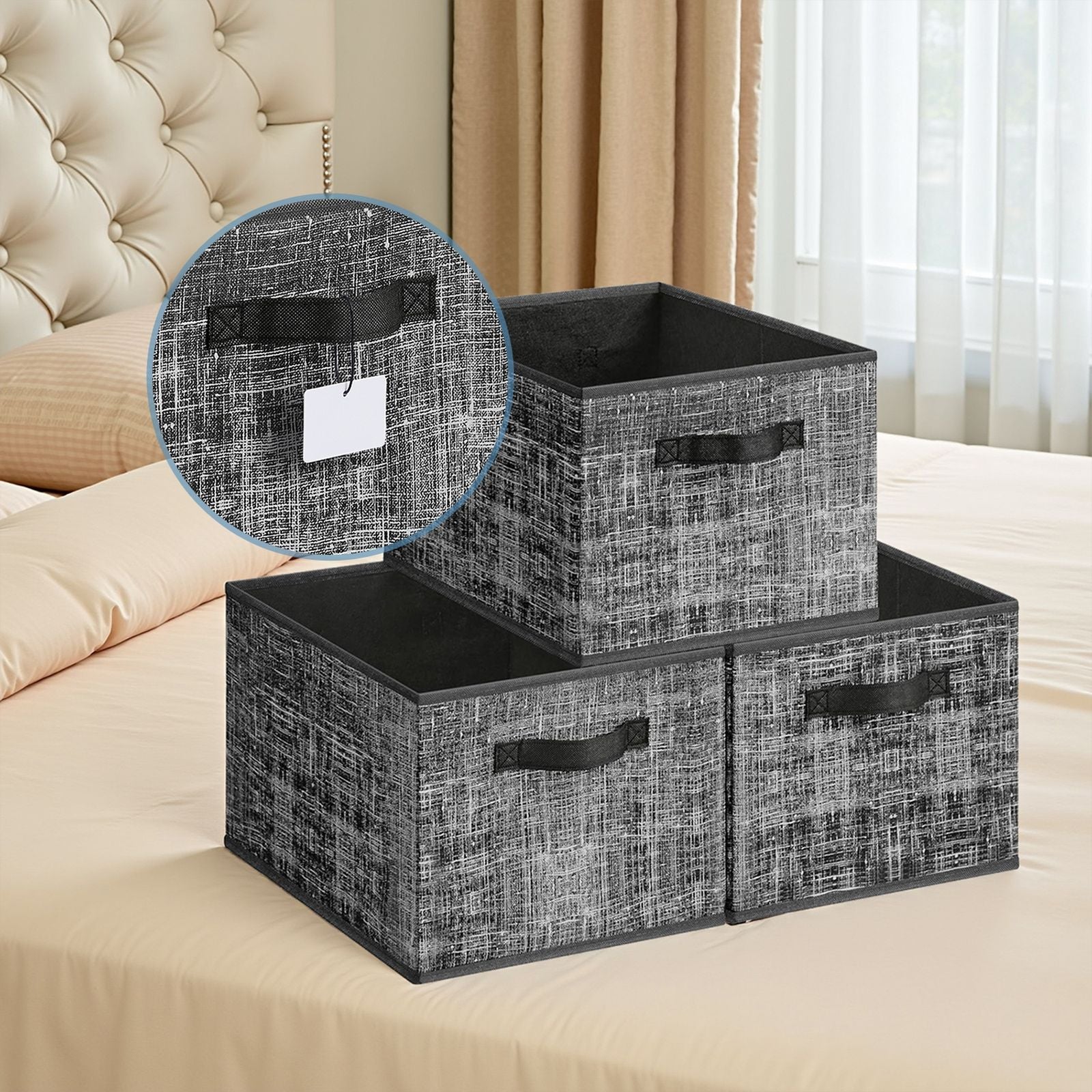 Set of 3 Fabric Storage Bins - Fabric - Ink Black - Foldable with Handles and Label Holders