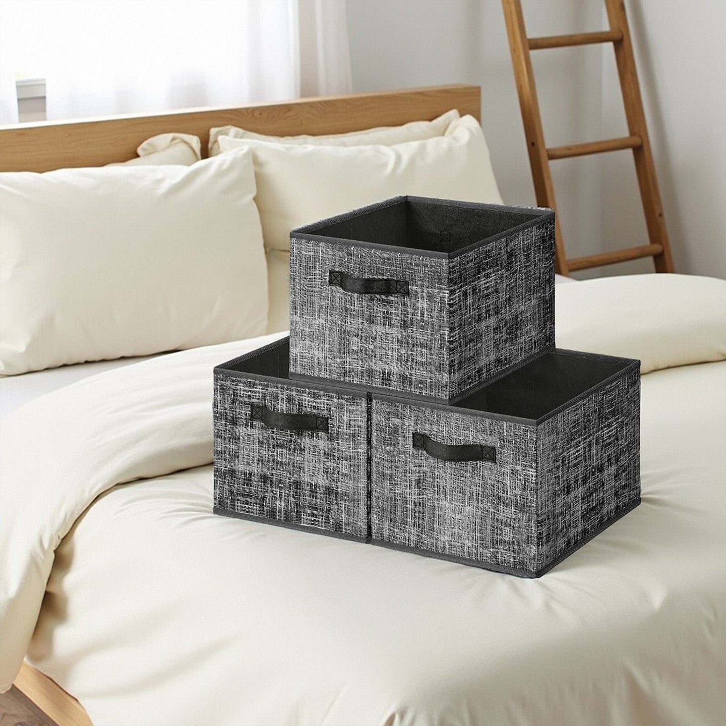 Set of 3 Fabric Storage Bins - Fabric - Ink Black - Foldable with Handles and Label Holders