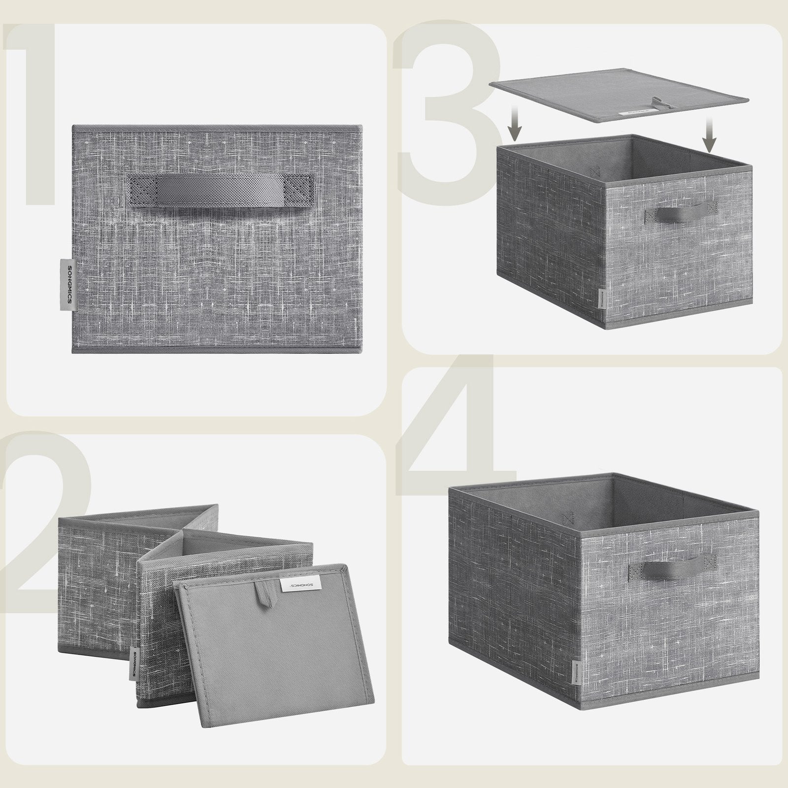 Set of 3 Fabric Storage Bins - Non-Woven Fabric and Plastic - Grey
