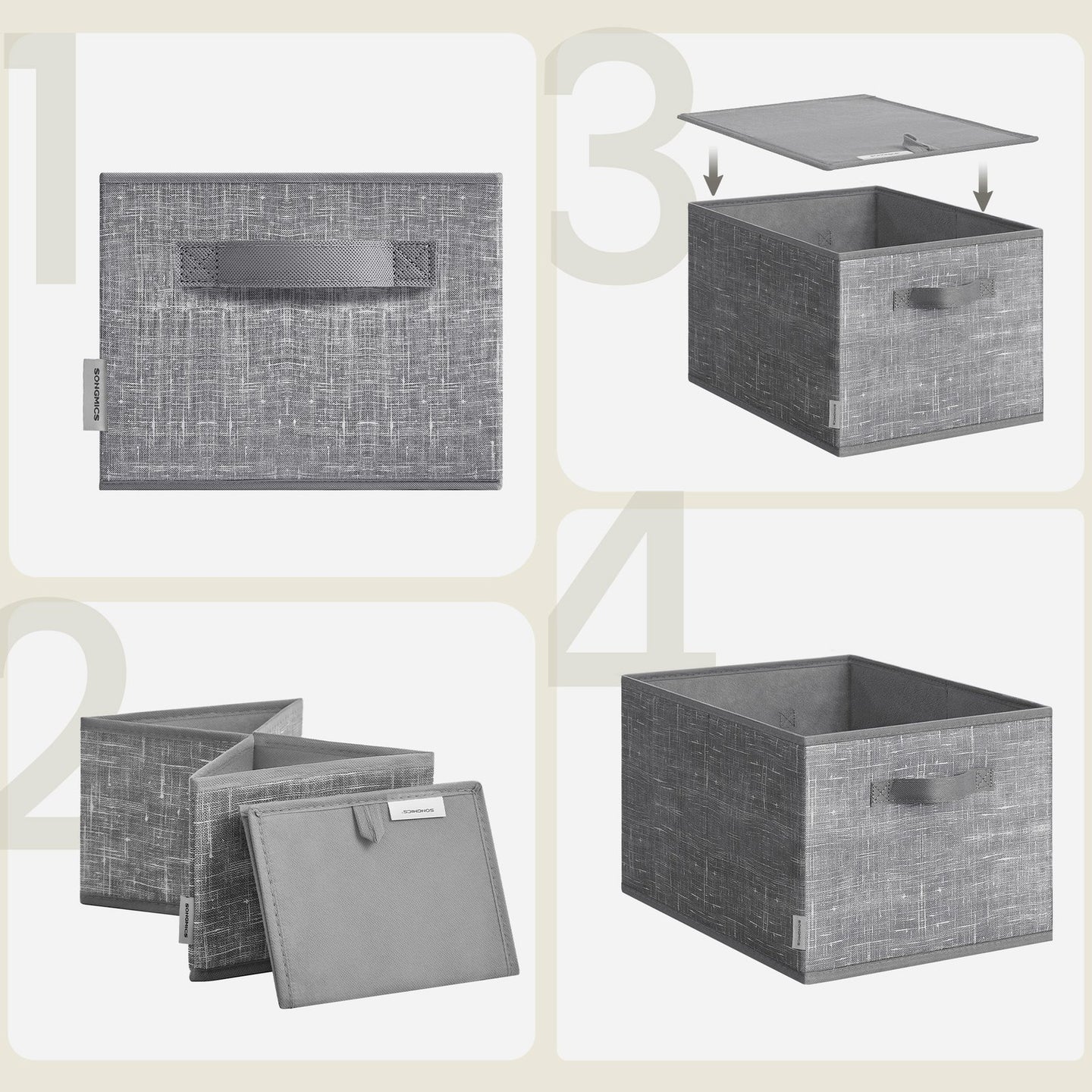 Set of 3 Fabric Storage Bins - Non-Woven Fabric and Plastic - Grey