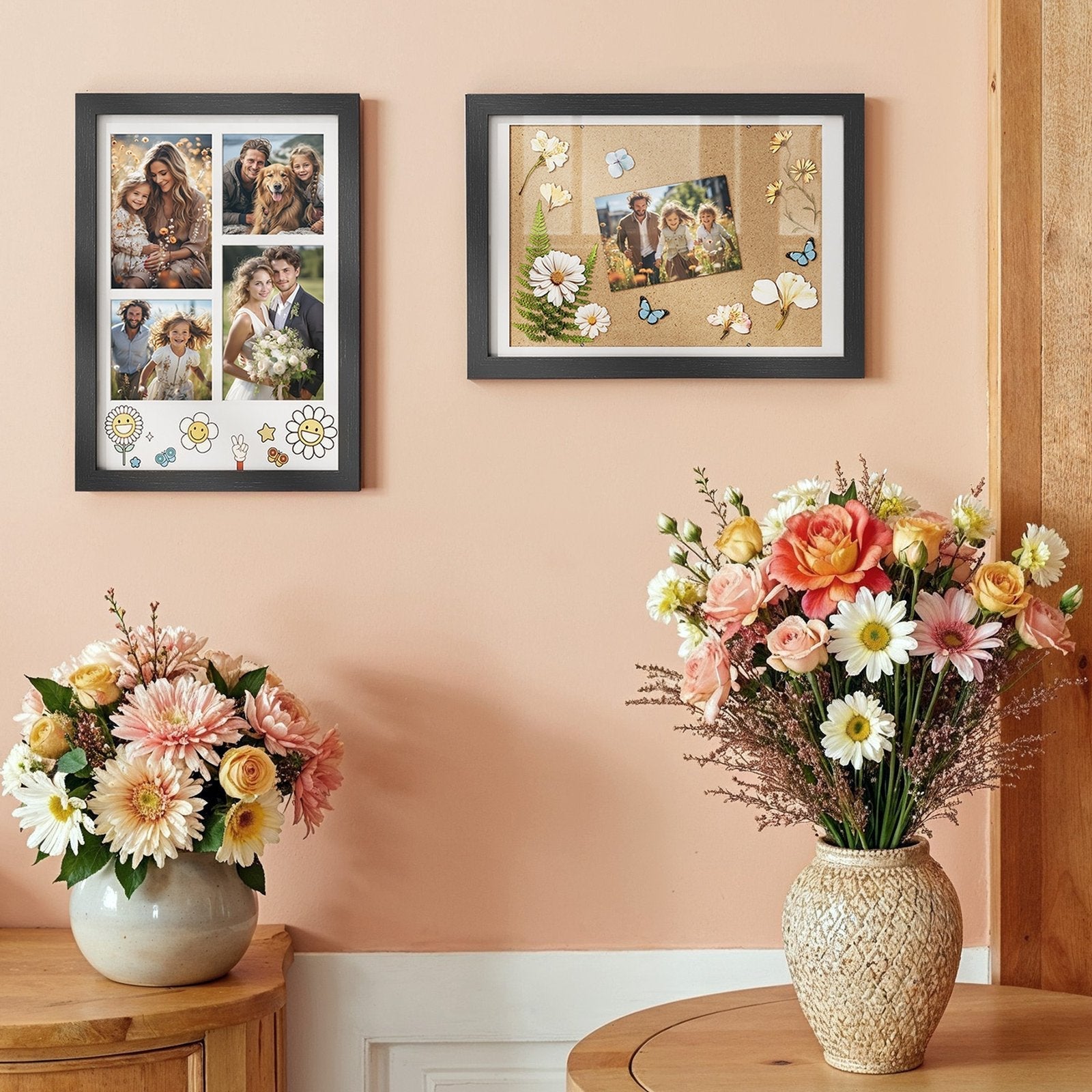 Set of 2 Multi Picture Frames - Wood - Black - Includes Mats for A4 and 4x6 Photos