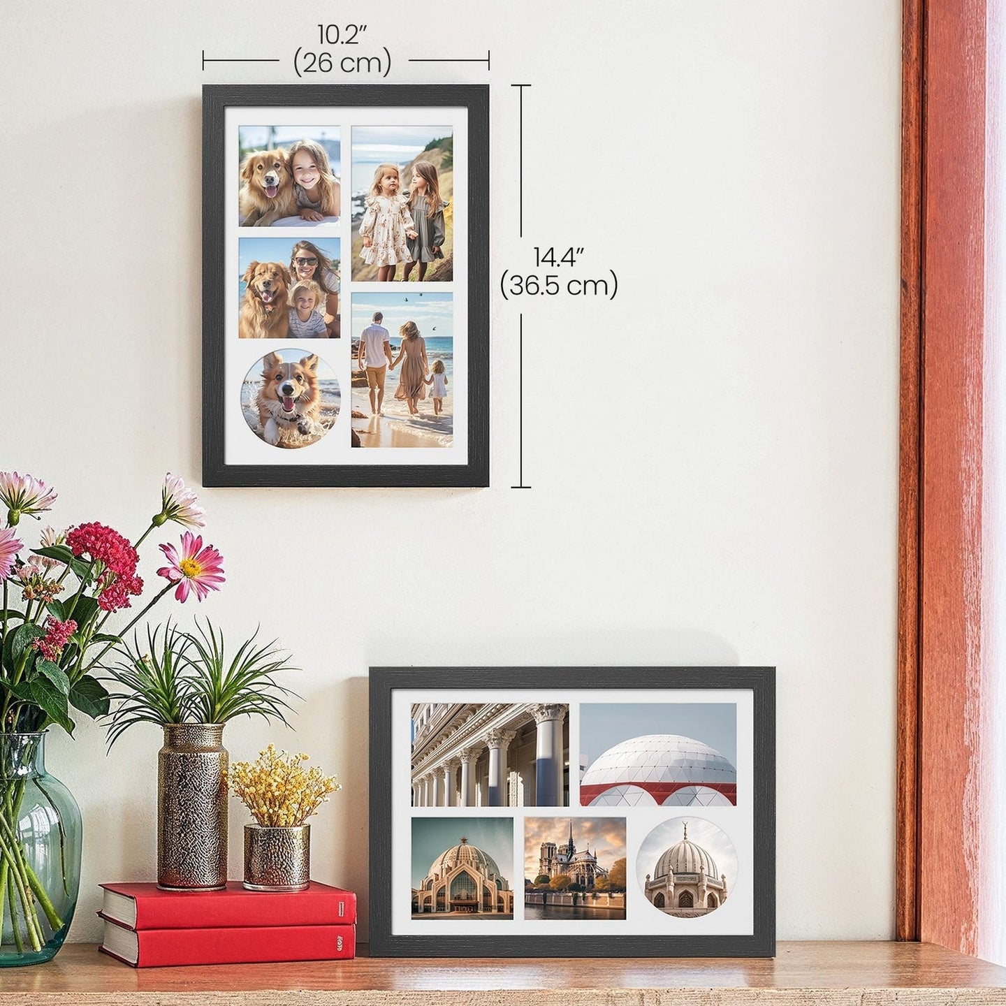 Set of 2 Multi Picture Frames - Wood - Black - Includes Mats for A4 and 4x6 Photos