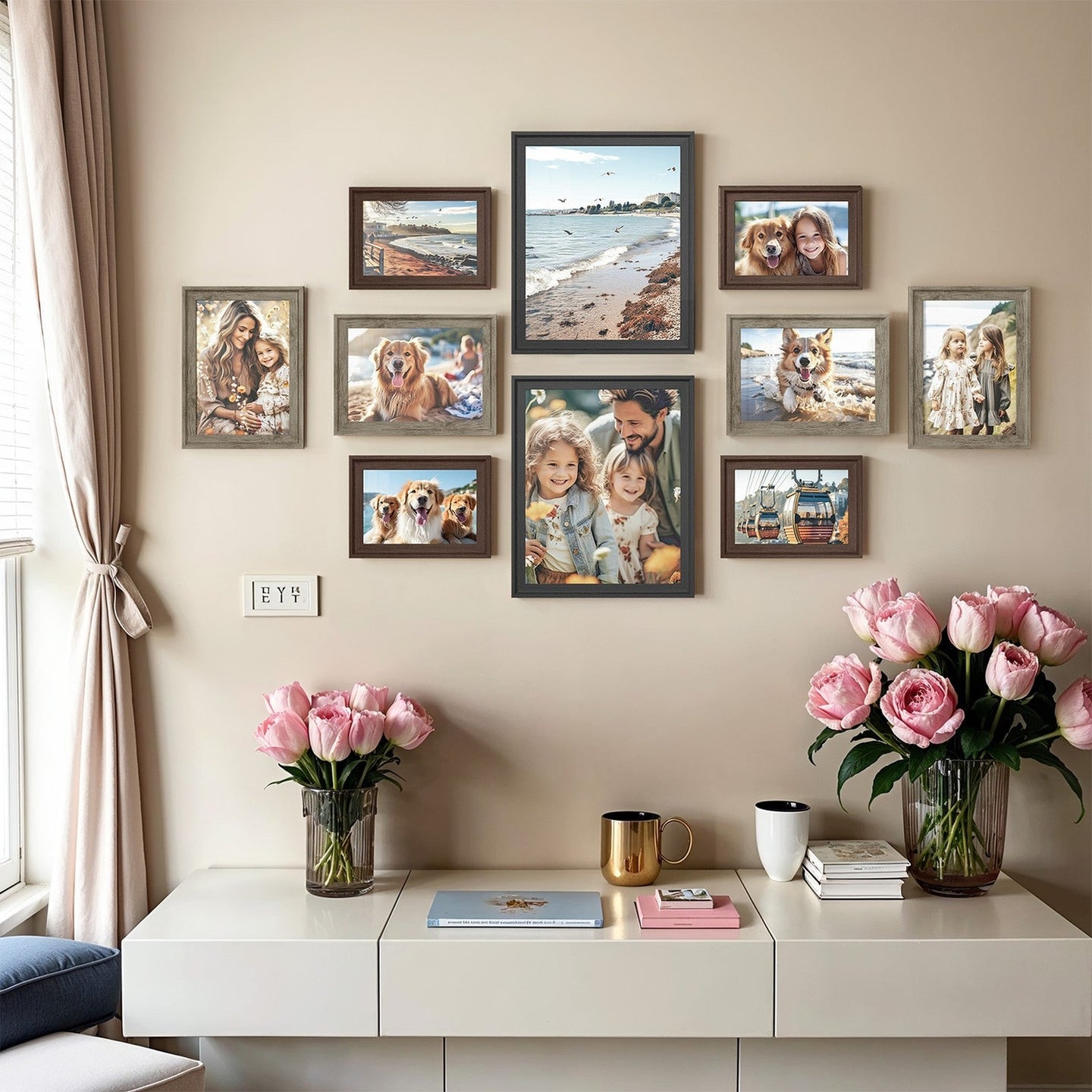 Set of 10 Photo Frames - MDF - Black - Includes Mats for Various Sizes