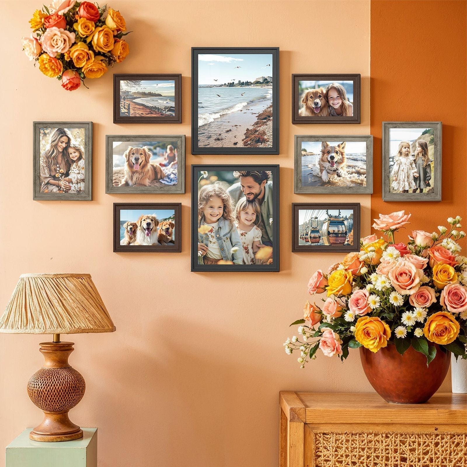 Set of 10 Photo Frames - MDF - Black - Includes Mats for Various Sizes