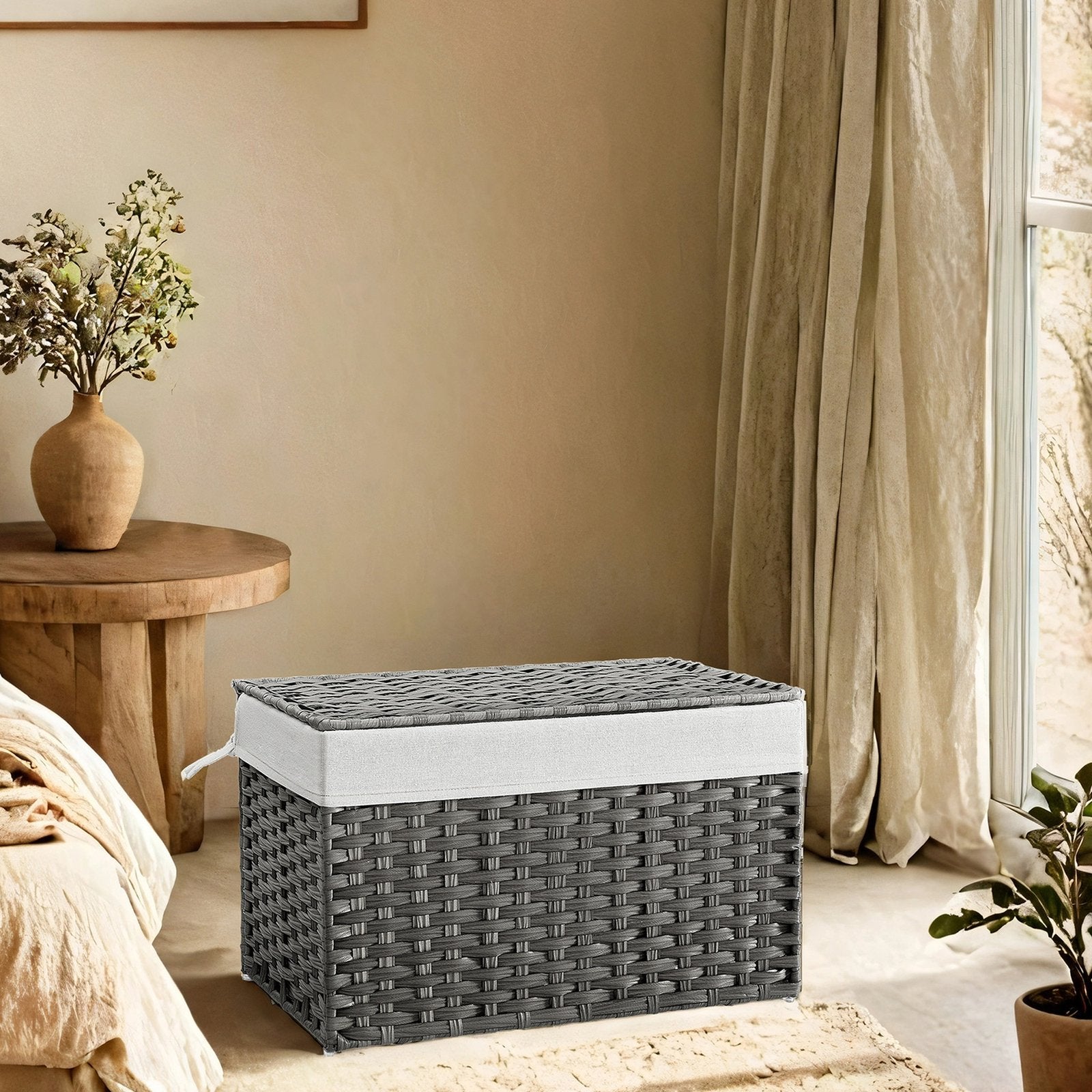 Storage Bin - Synthetic Rattan - Grey - Foldable with Lid and Handles