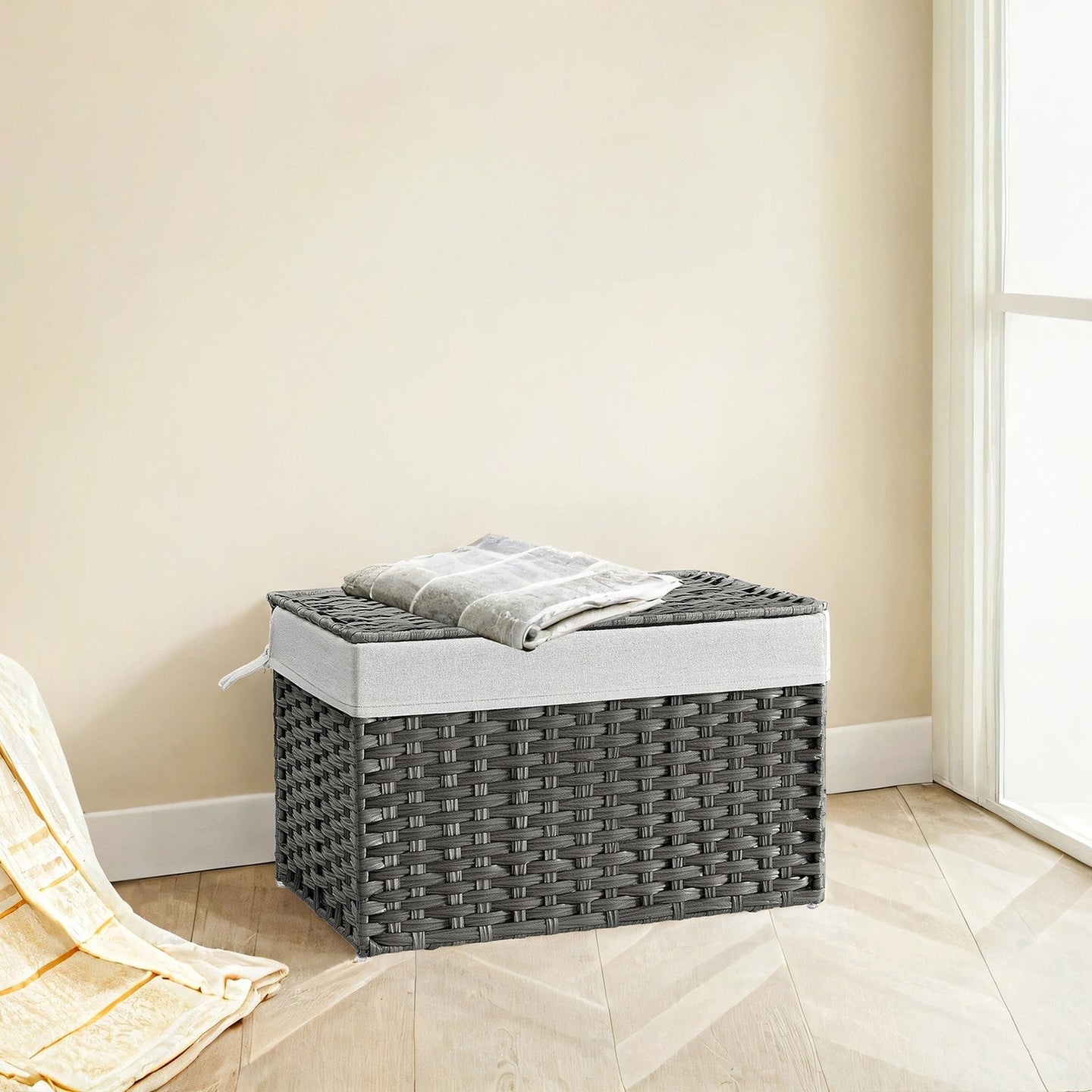 Storage Bin - Synthetic Rattan - Grey - Foldable with Lid and Handles