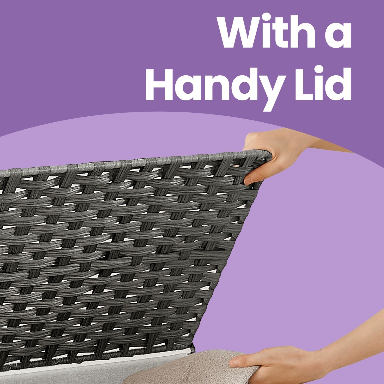 Storage Bin - Synthetic Rattan - Grey - Foldable with Lid and Handles