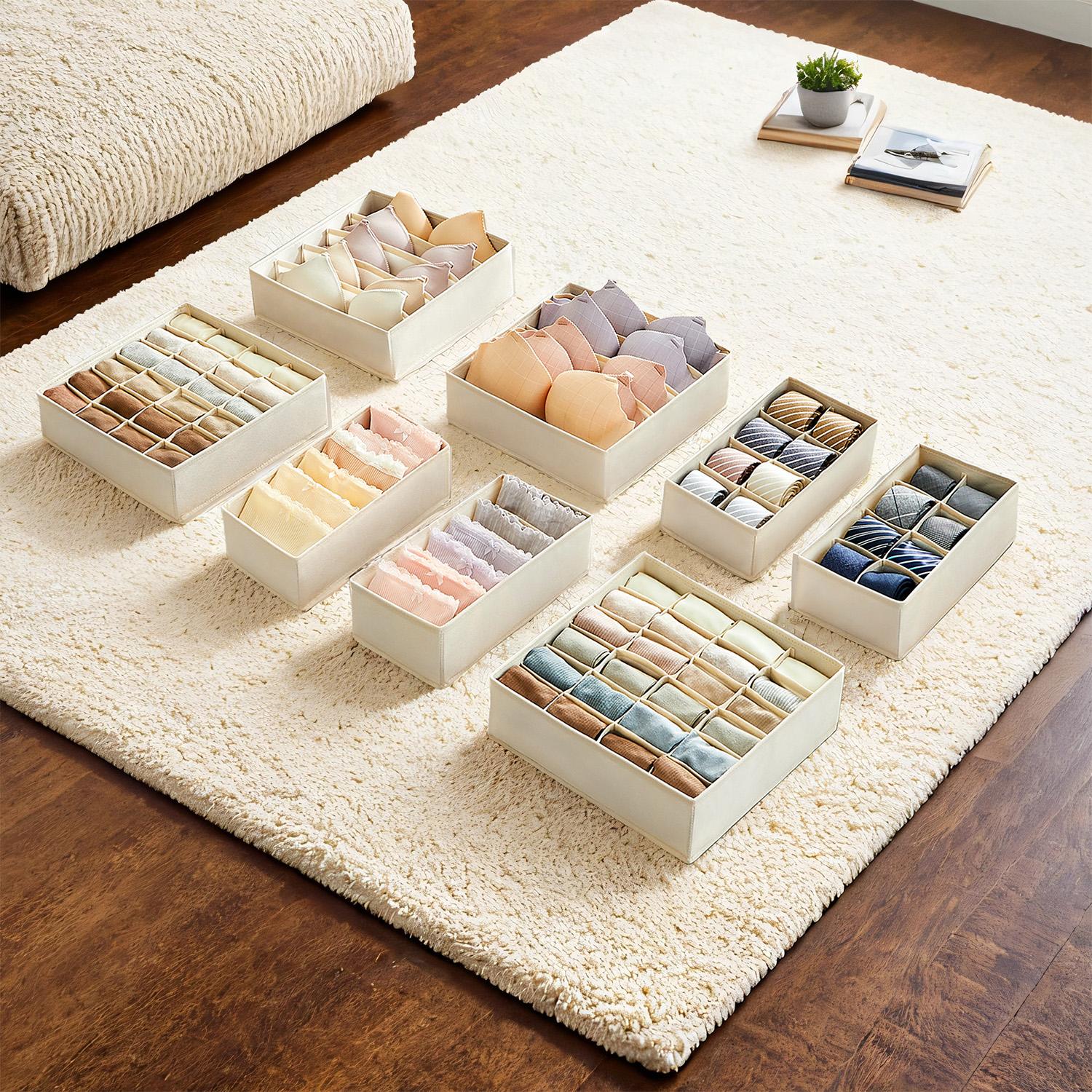 Set of 8 Underwear Organisers - Fabric - Beige - Foldable Drawer Storage for Bras