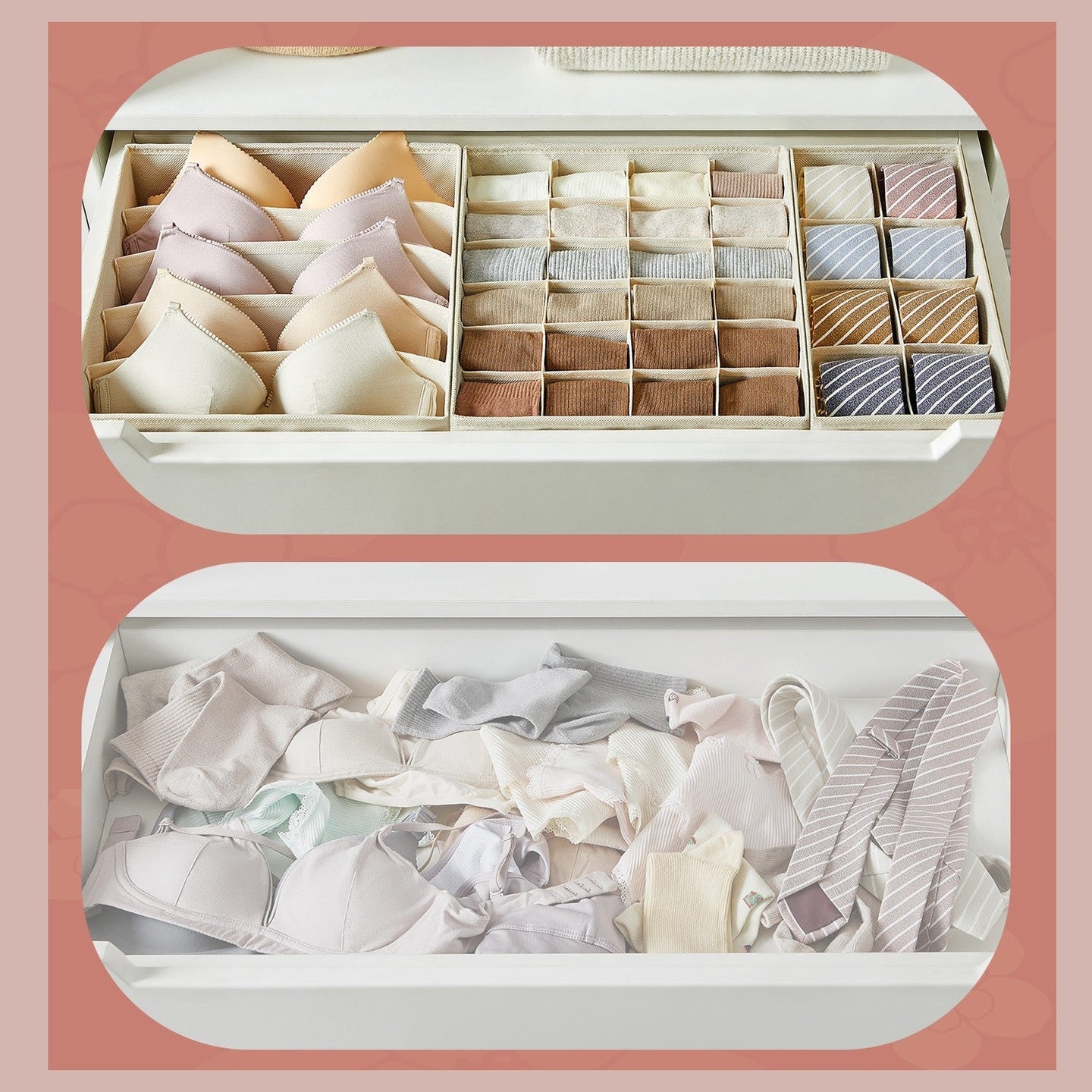 Set of 8 Underwear Organisers - Fabric - Beige - Foldable Drawer Storage for Bras