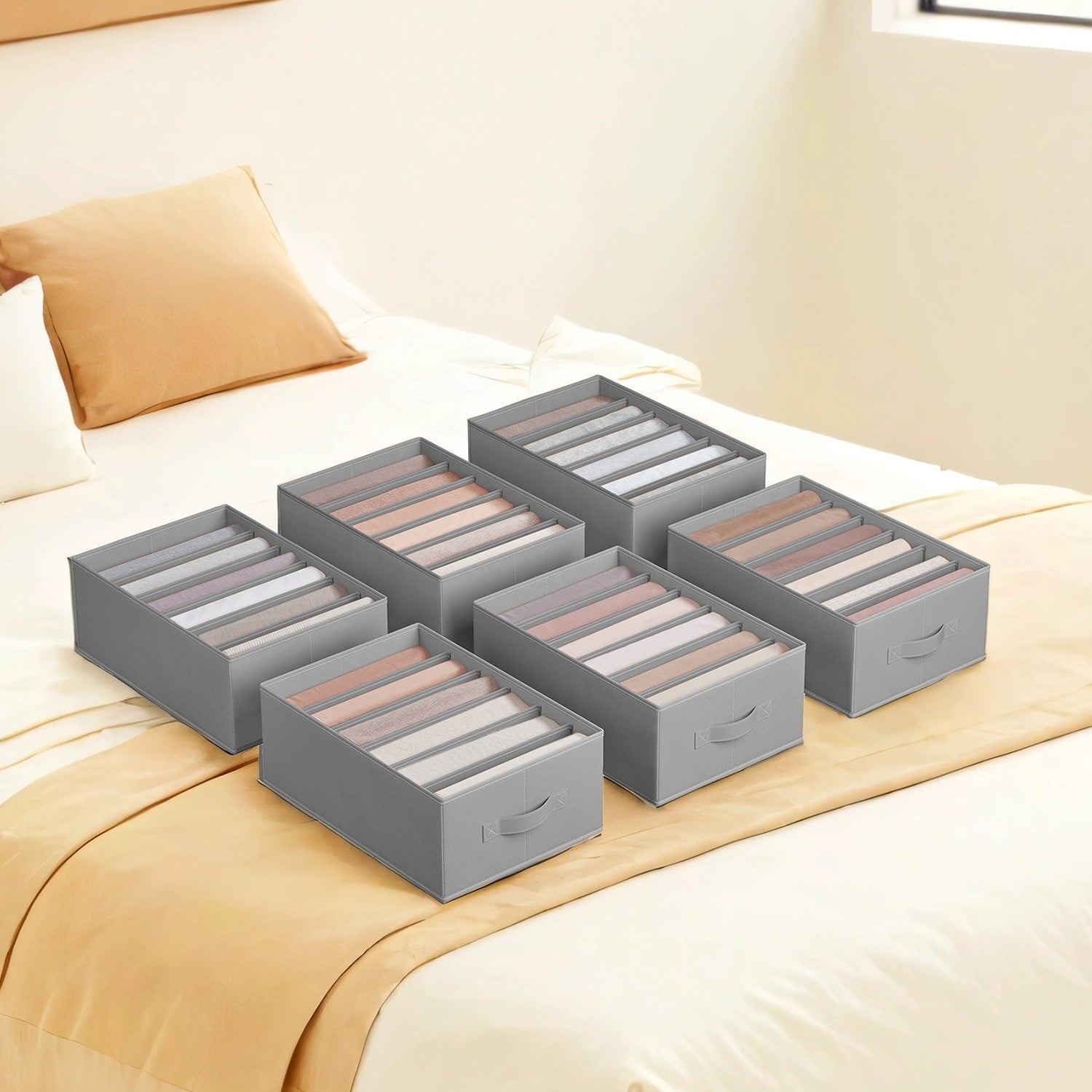 6-Compartment Foldable Drawer Organizers - Fabric - Dove Grey - Ideal for Wardrobe and Closet Storage