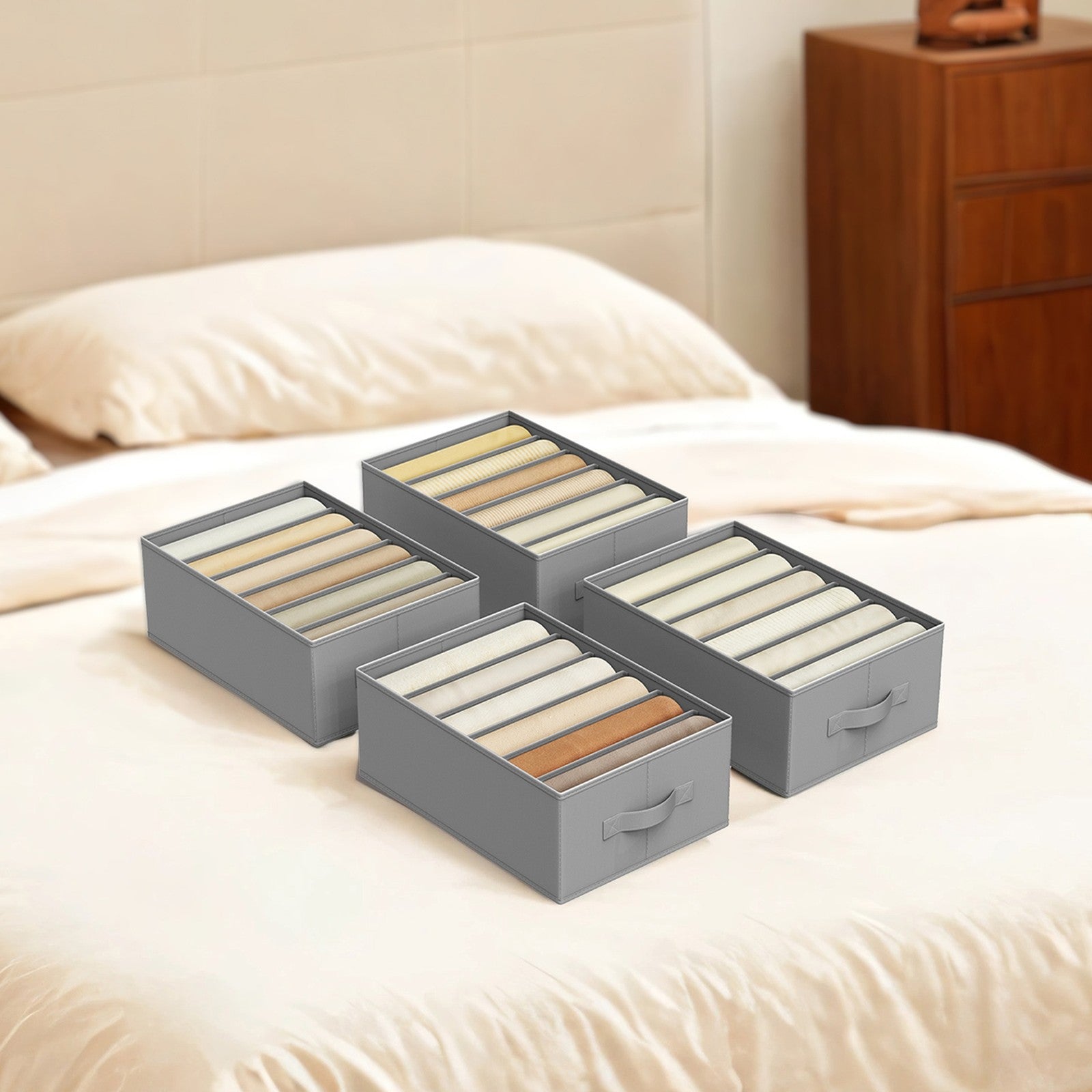 Set of 4 Foldable Drawer Organizers - 6-Compartment Design - Fabric - Dove Grey