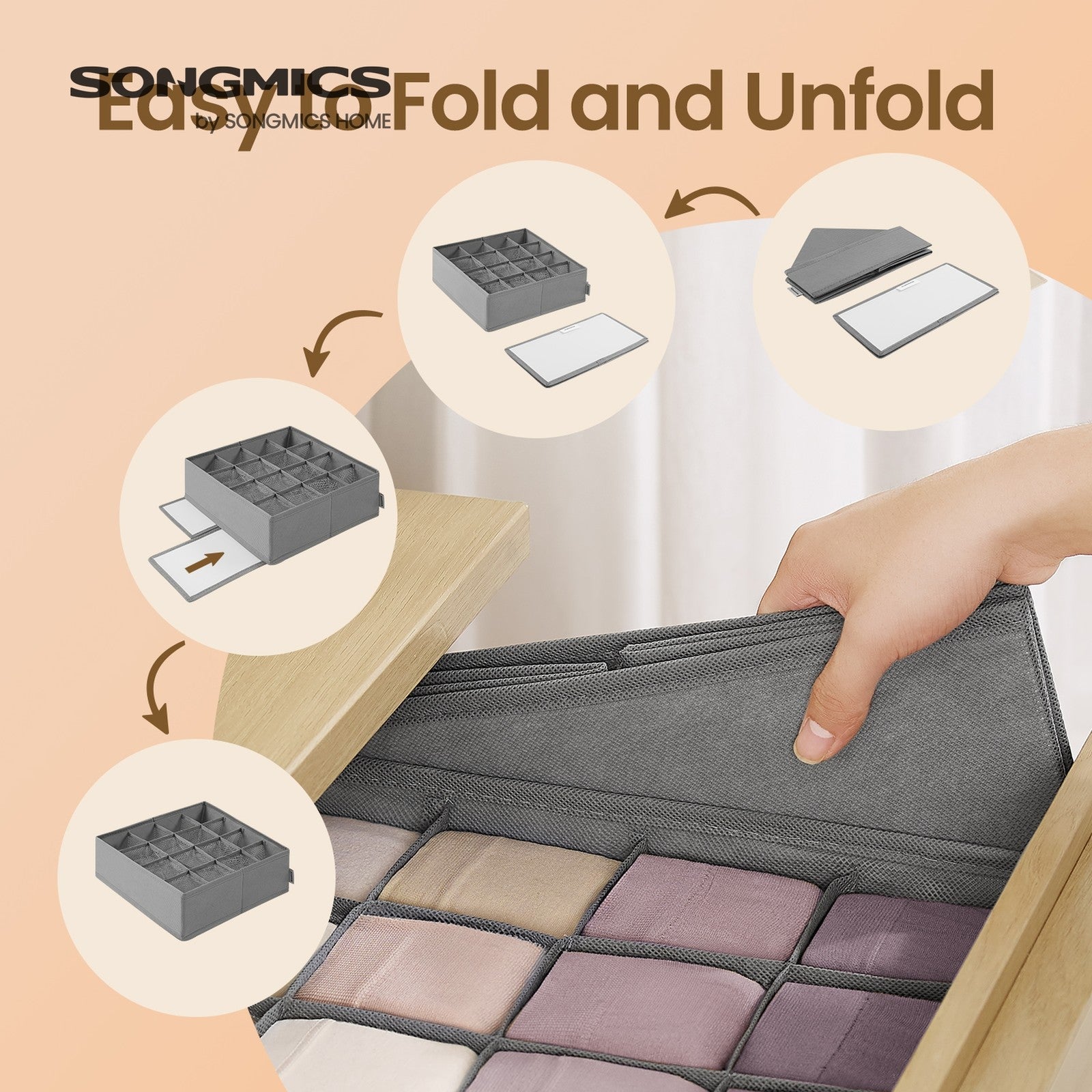 Set of 6 Drawer Organizers - Fabric - Ink Black - 120 Cells for Underwear and Accessories