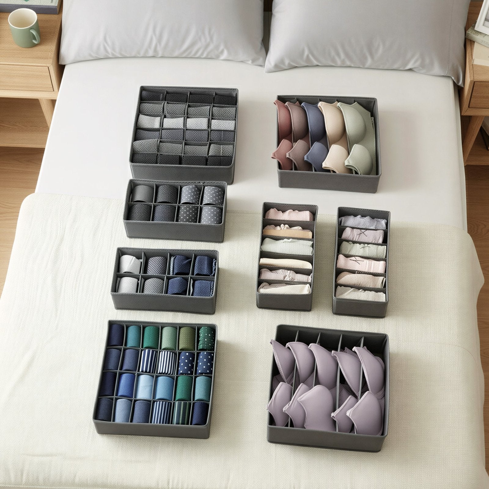 Set of 8 Underwear Organisers - Fabric and PE Board - Grey