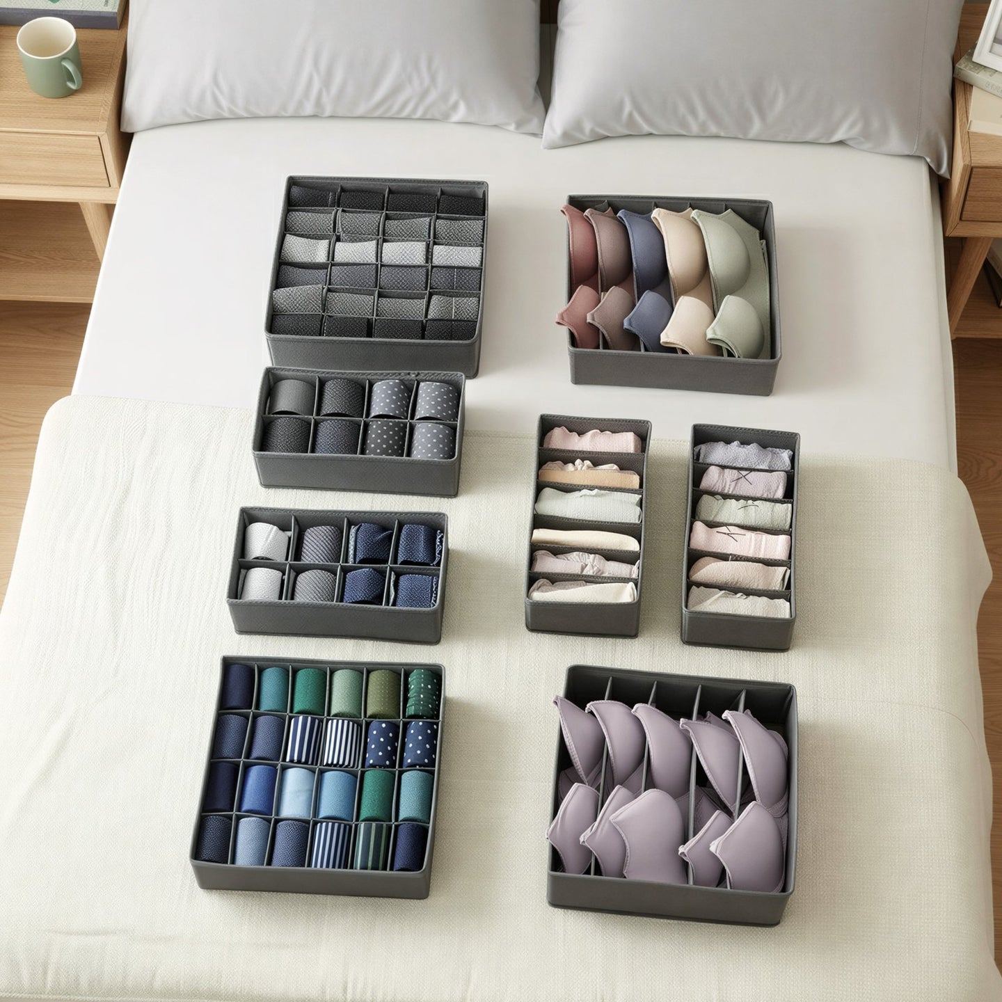 Set of 8 Underwear Organisers - Fabric and PE Board - Grey