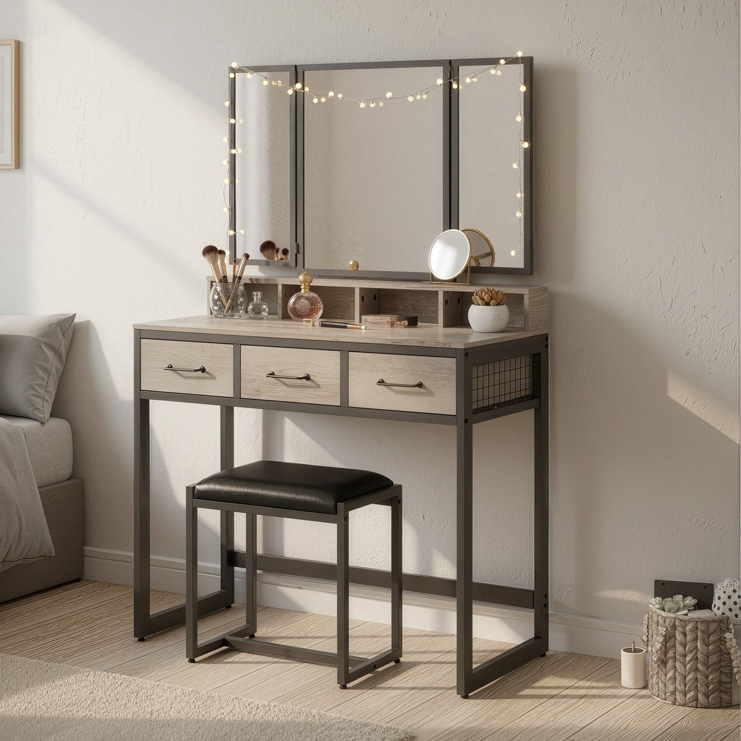 Makeup Vanity Desk - Wood - Tri-Fold Mirror