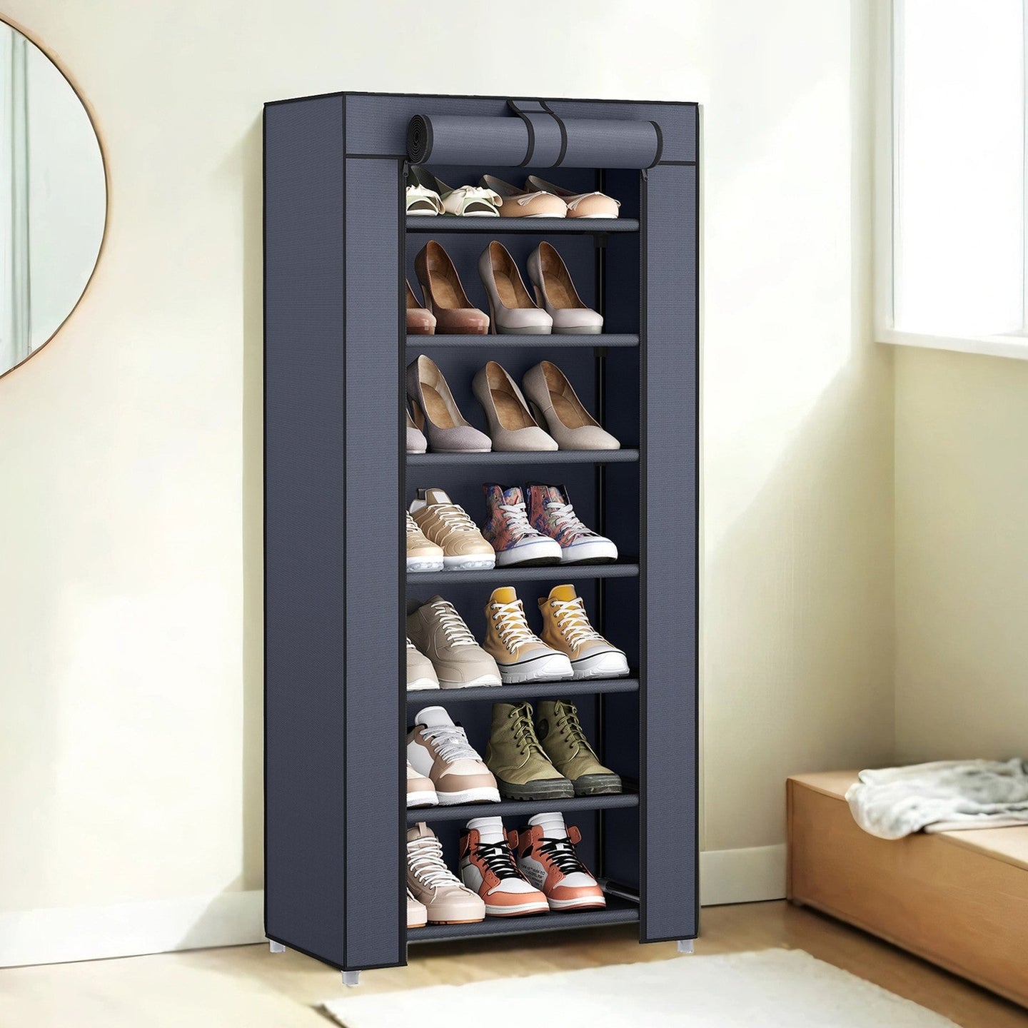 7-Tier Shoe Storage Cabinet - Non-Woven Fabric - Grey - Dustproof with Protective Cover
