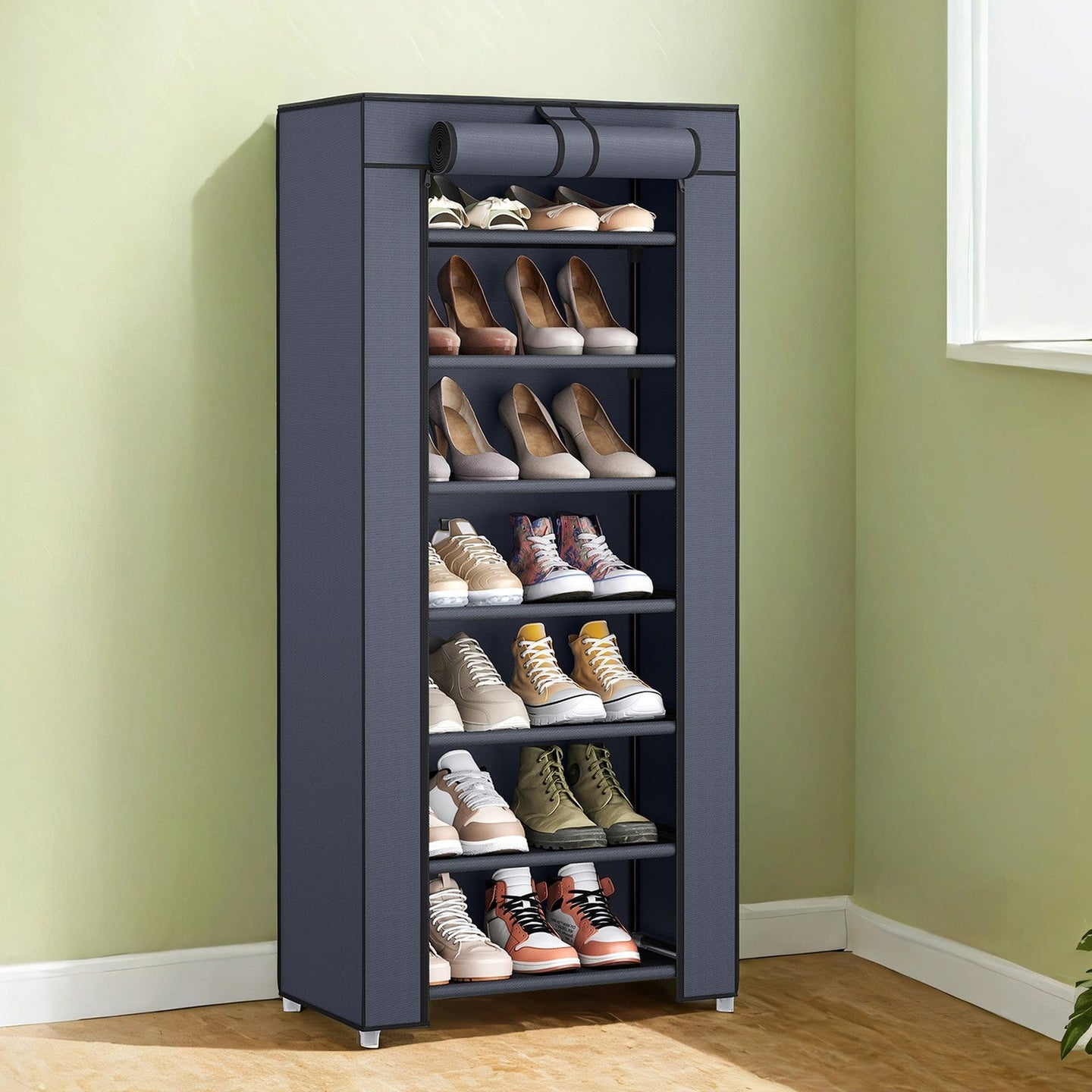 7-Tier Shoe Storage Cabinet - Non-Woven Fabric - Grey - Dustproof with Protective Cover