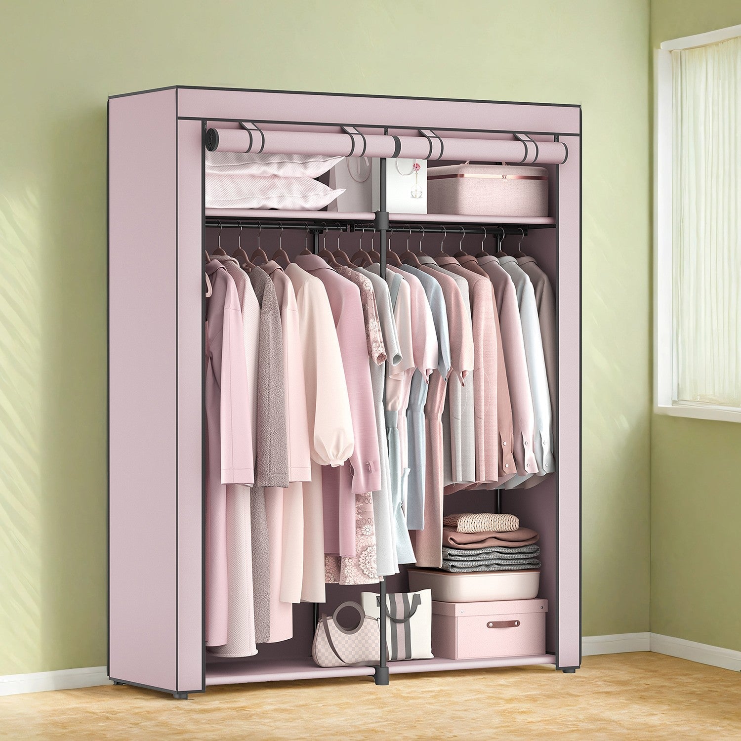 Portable Wardrobe - Non-Woven Fabric - Gray - Collapsible with Dual Clothes Rails