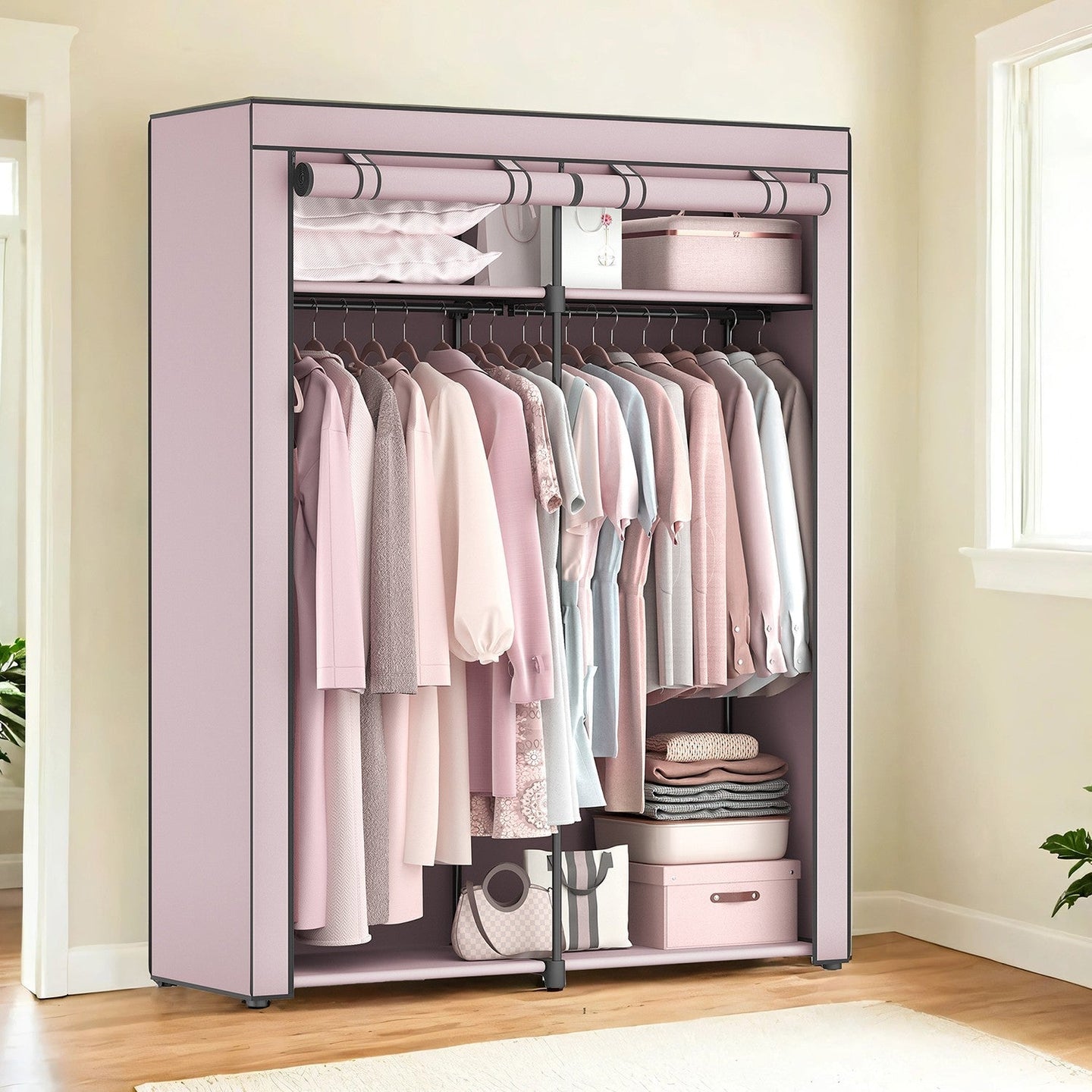 Portable Wardrobe - Non-Woven Fabric - Gray - Collapsible with Dual Clothes Rails