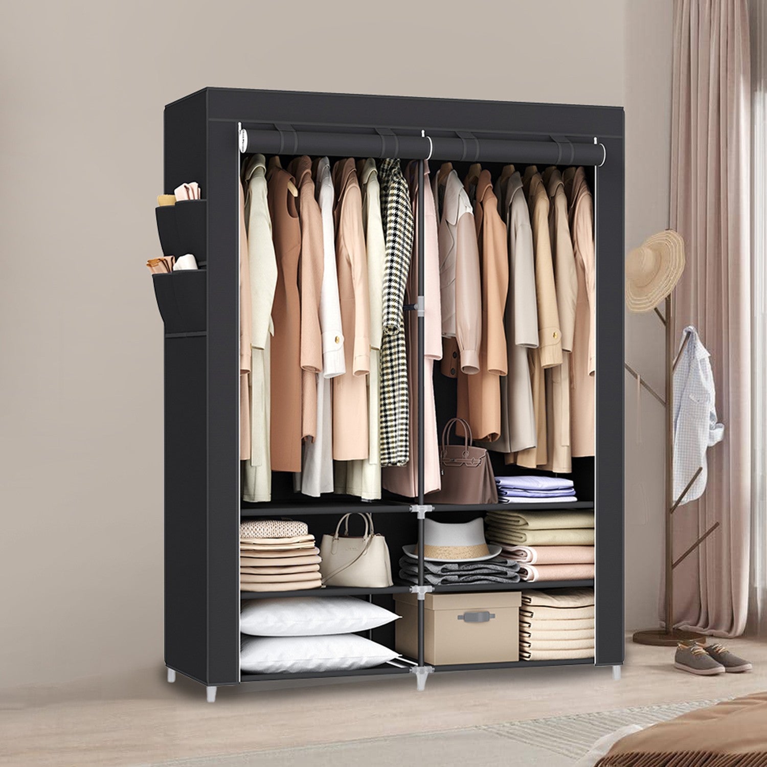 Portable Closet - Fabric - Black - Spacious with 2 Hanging Rails and Shelves