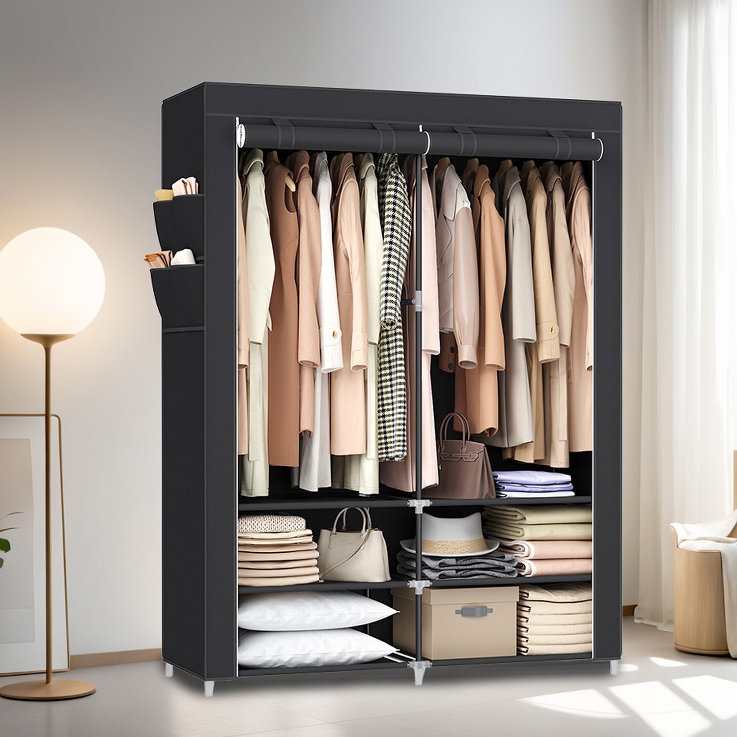 Portable Closet - Fabric - Black - Spacious with 2 Hanging Rails and Shelves