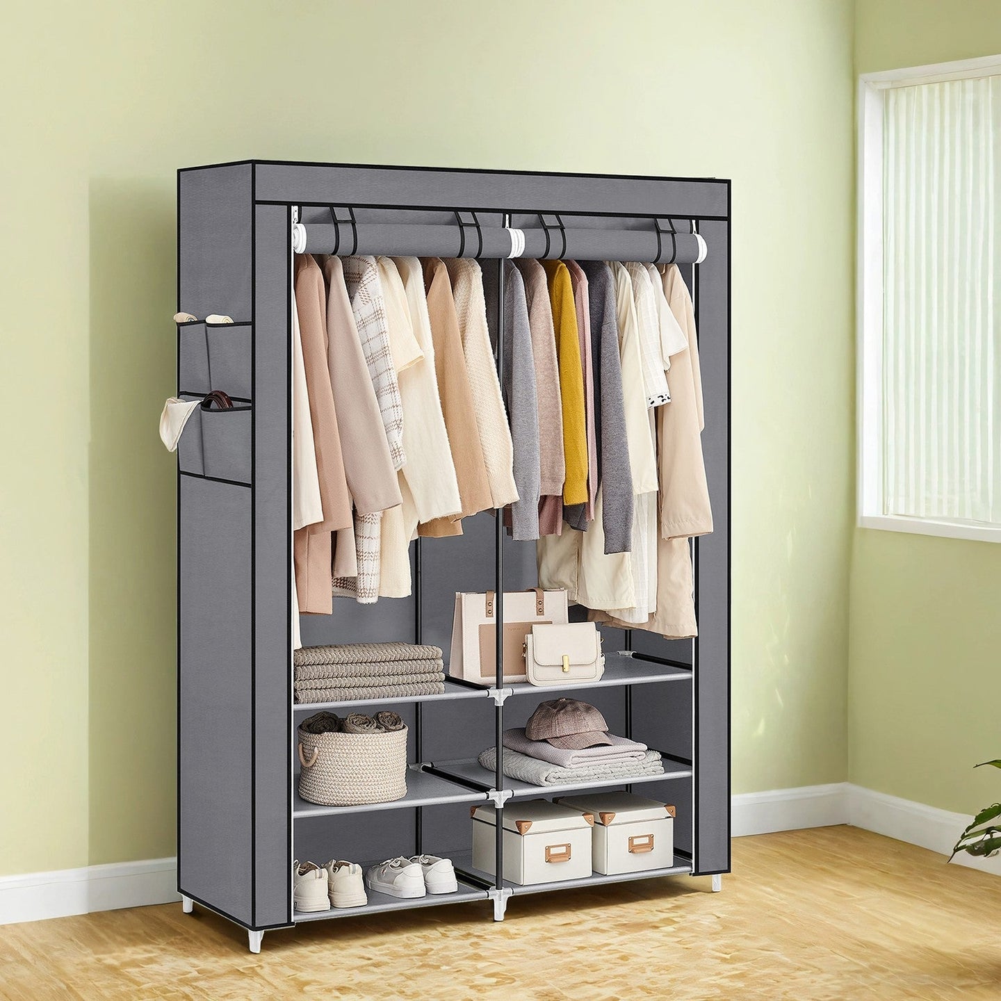 Portable Closet - Fabric - Black - Spacious with 2 Hanging Rails and Shelves