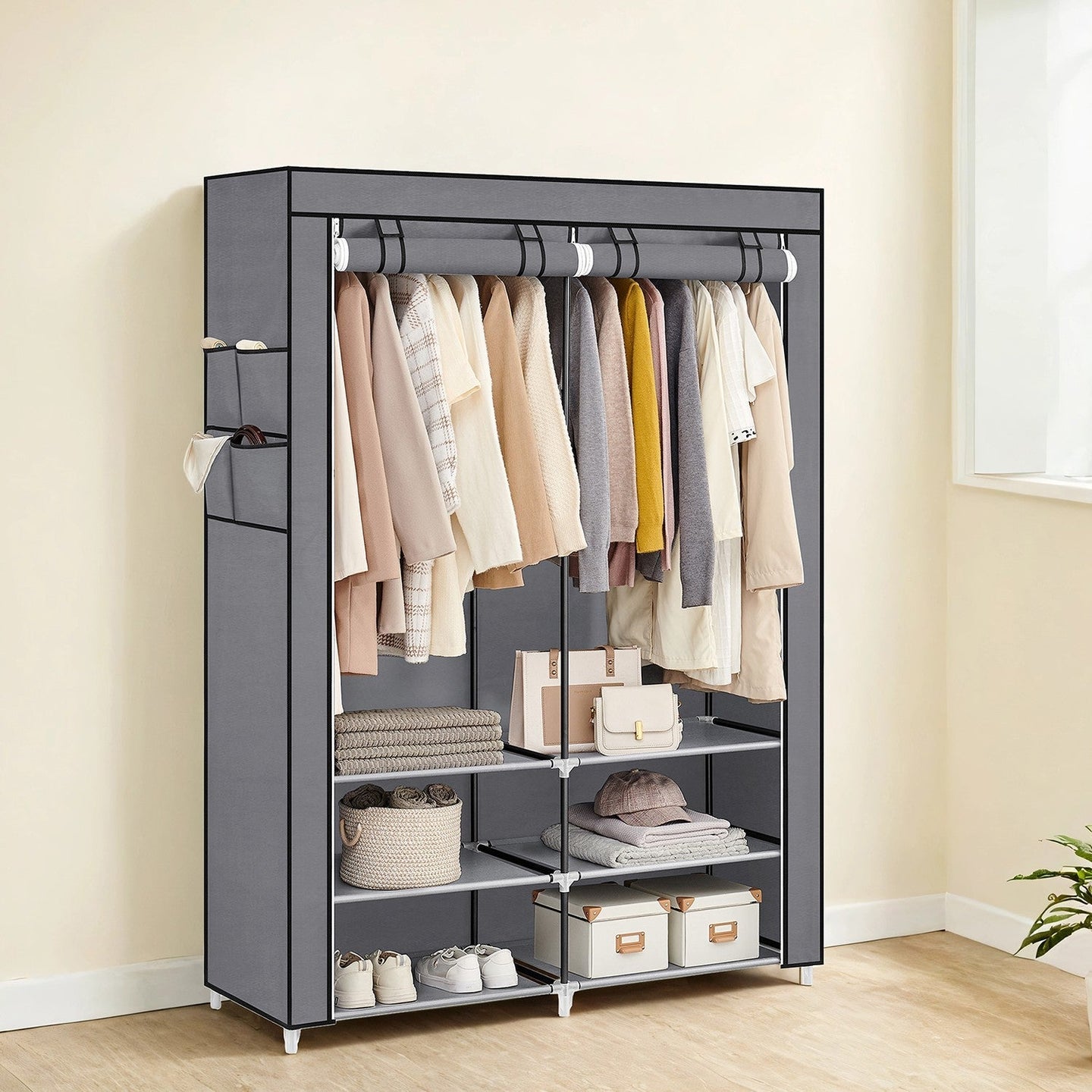 Portable Closet - Fabric - Black - Spacious with 2 Hanging Rails and Shelves