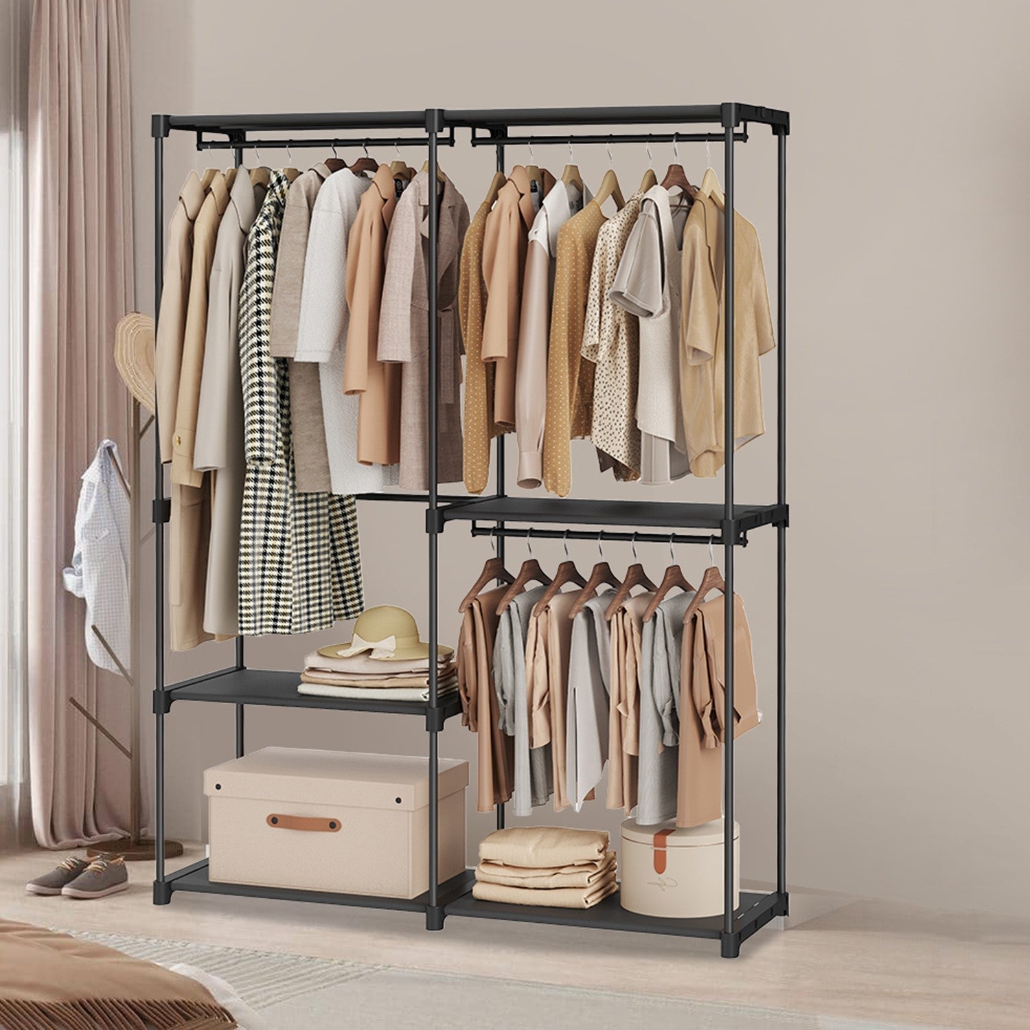 Freestanding Clothing Rack - Metal - Black - Large Capacity with 3 Hanging Rods and Shelves
