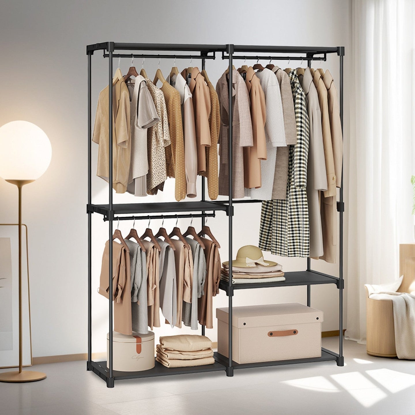Freestanding Clothing Rack - Metal - Black - Large Capacity with 3 Hanging Rods and Shelves