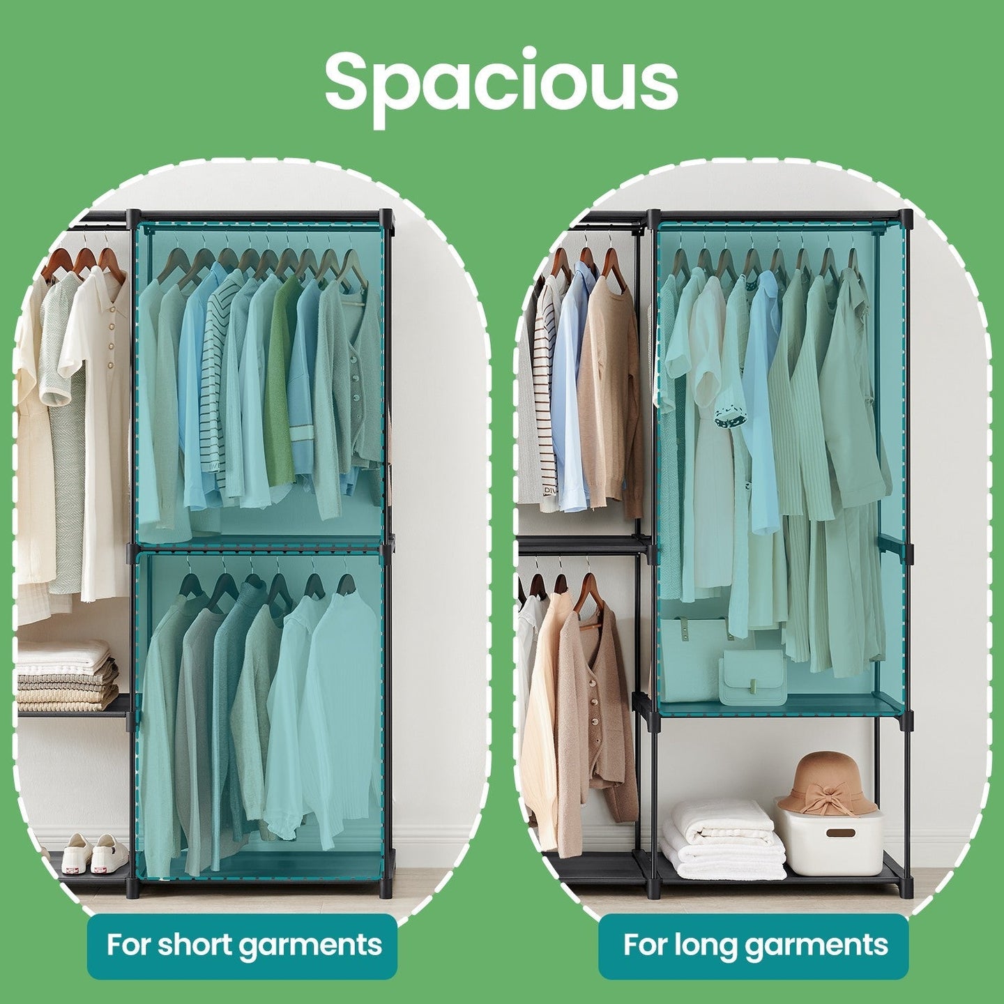 Freestanding Clothing Rack - Metal - Black - Large Capacity with 3 Hanging Rods and Shelves
