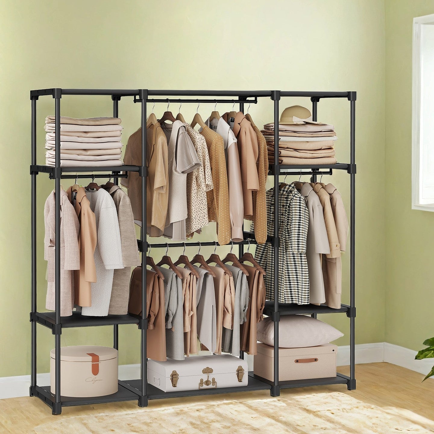 Clothes Wardrobe - Fabric - Black - Large Capacity with 4 Hanging Sections and Compartments