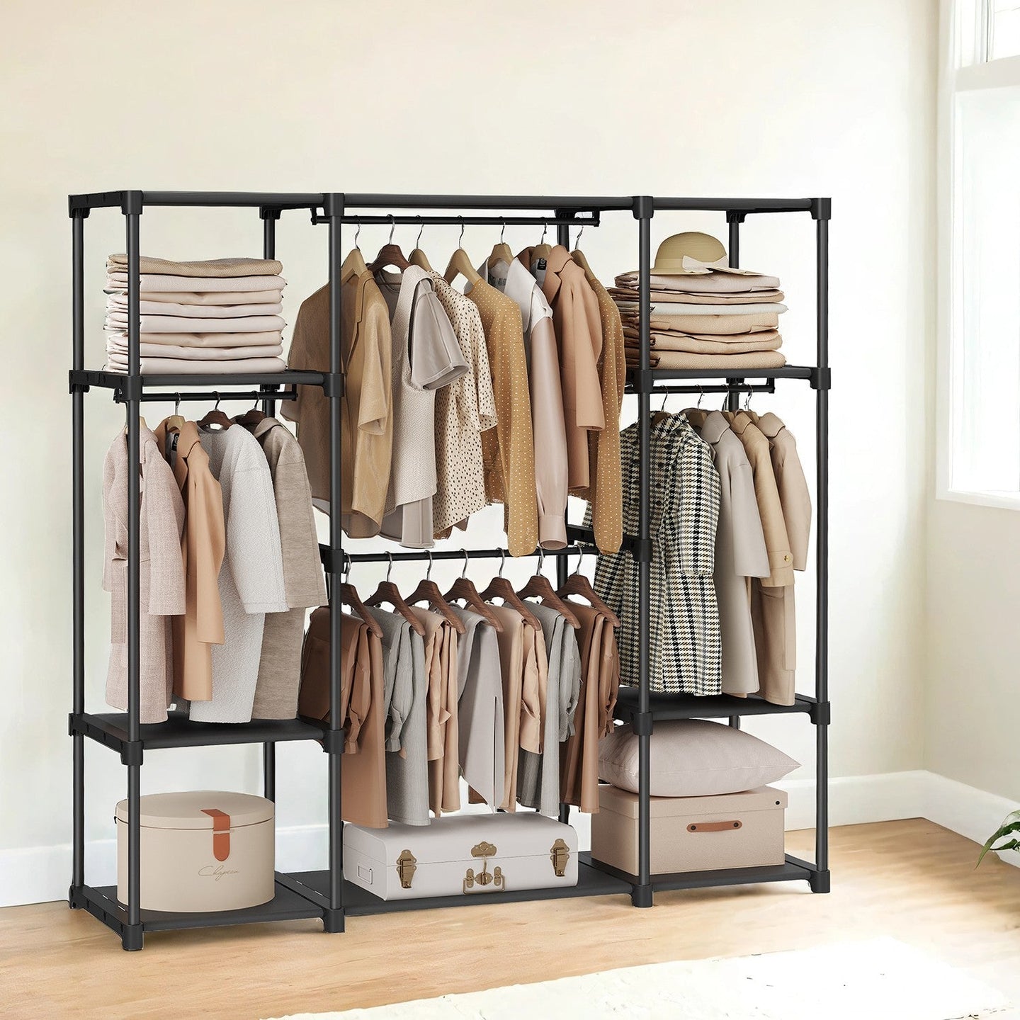 Clothes Wardrobe - Fabric - Black - Large Capacity with 4 Hanging Sections and Compartments