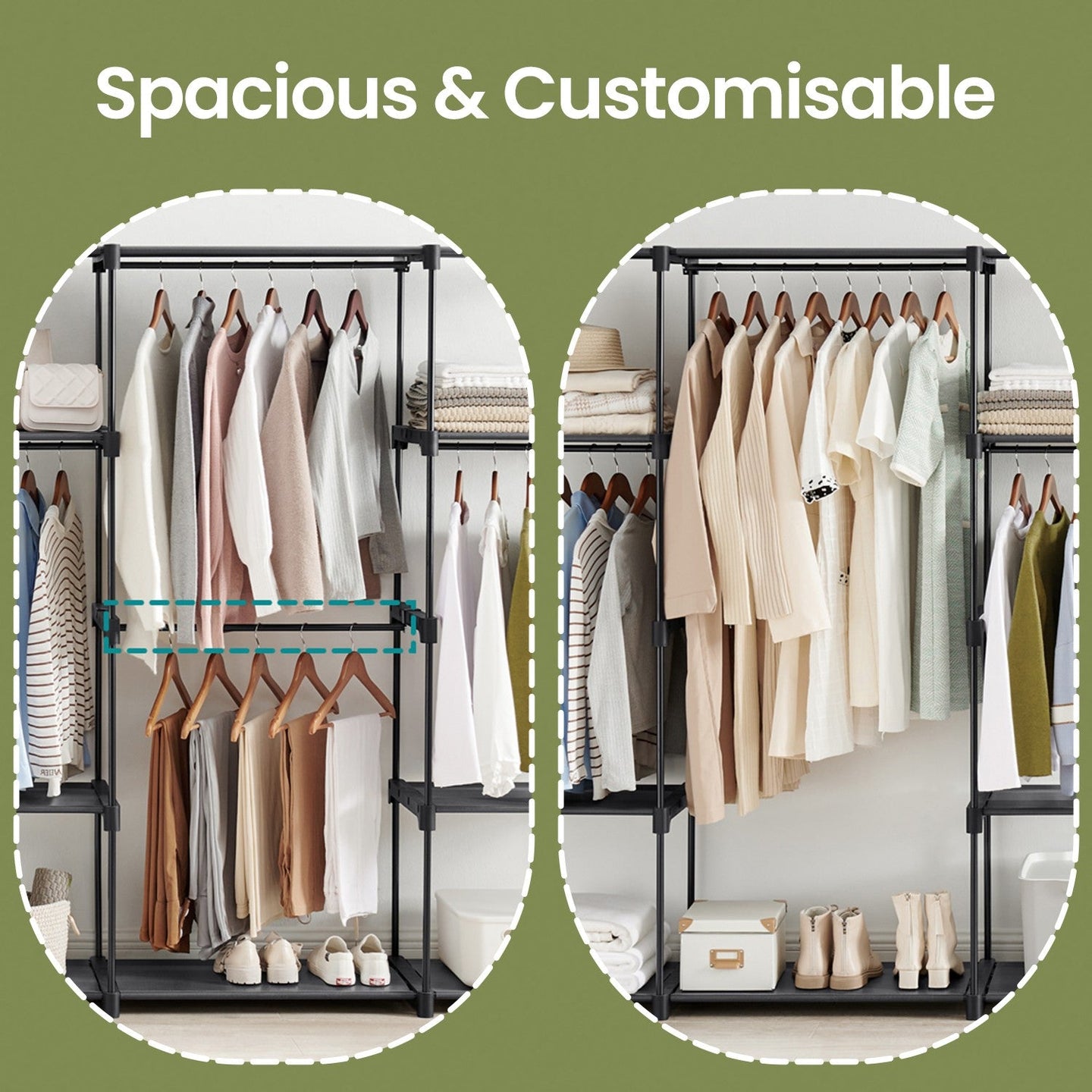 Clothes Wardrobe - Fabric - Black - Large Capacity with 4 Hanging Sections and Compartments