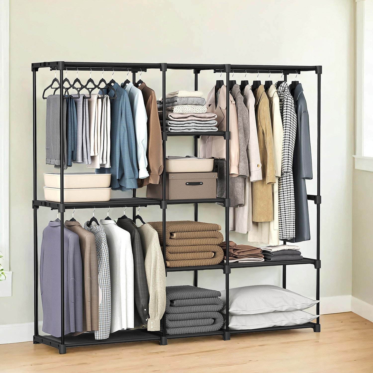 Freestanding Clothes Rack - Fabric - Black - Portable Wardrobe with Shelves and Hanging Rails