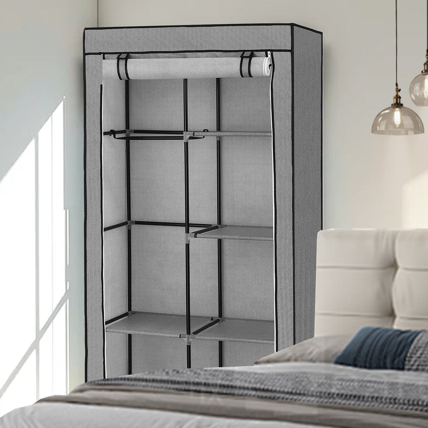Portable Closet - Non-Woven Fabric - Grey - 6 Shelves and 2 Hanging Rails