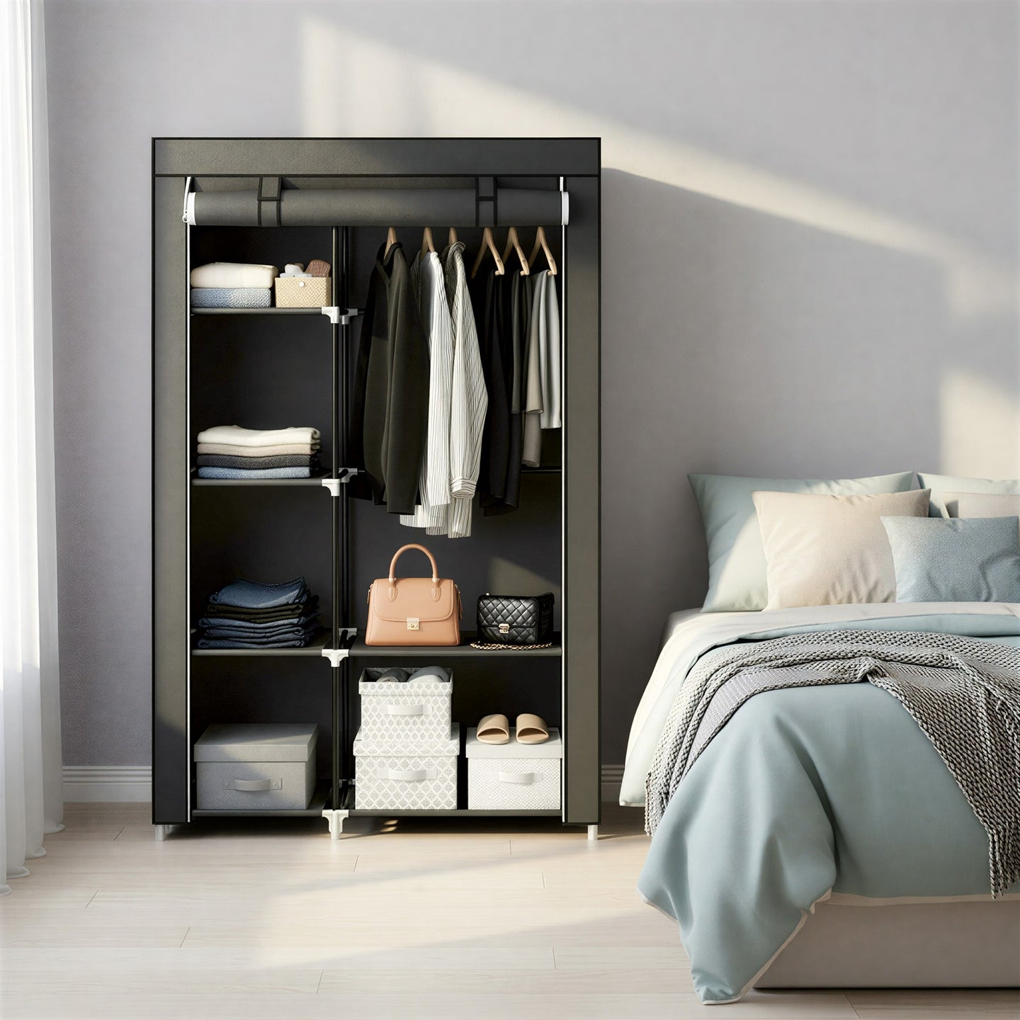 Portable Closet Organizer - Fabric and Metal Tube - Black