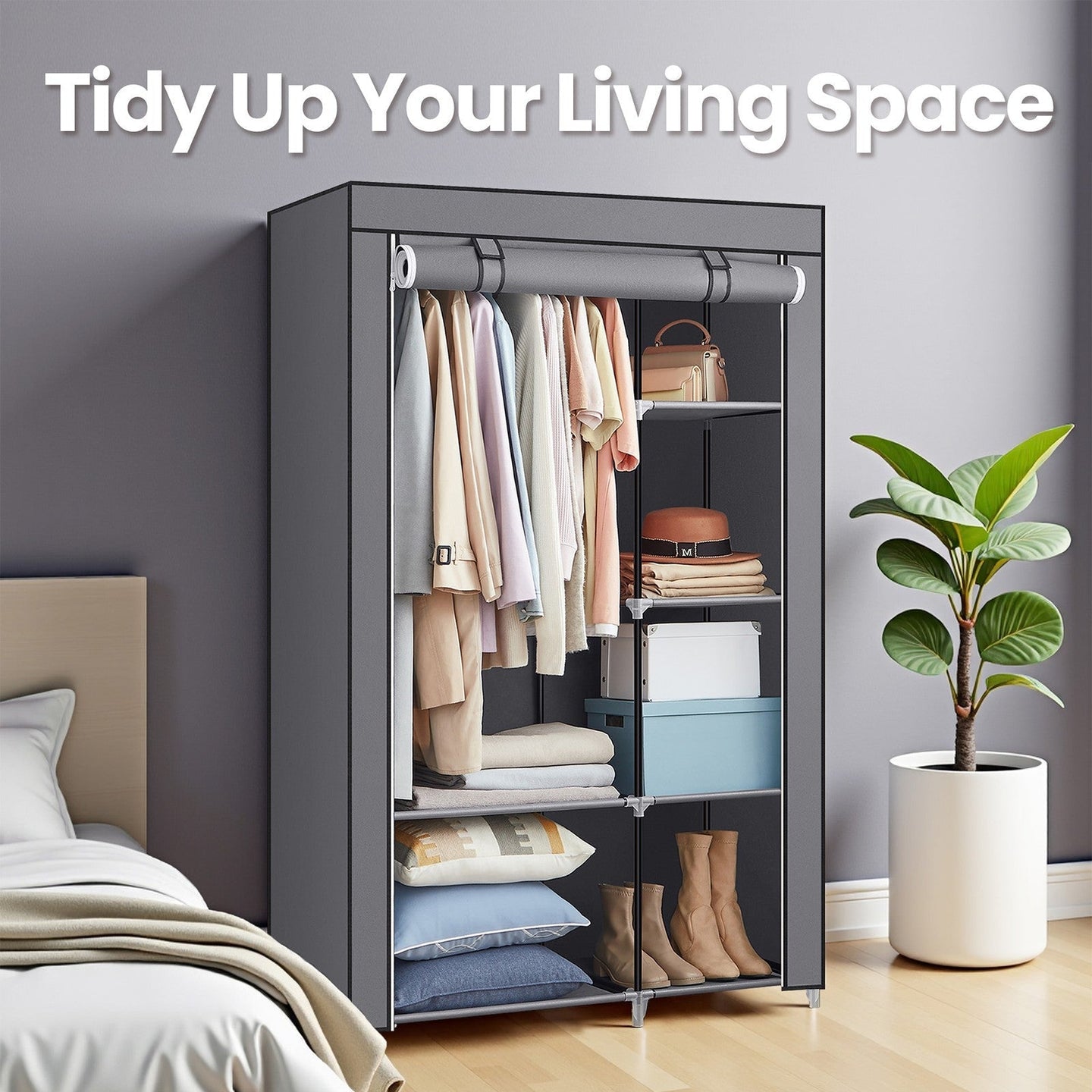 Portable Closet Organizer - Non-Woven Fabric - Grey - 6 Shelves and Hanging Rail
