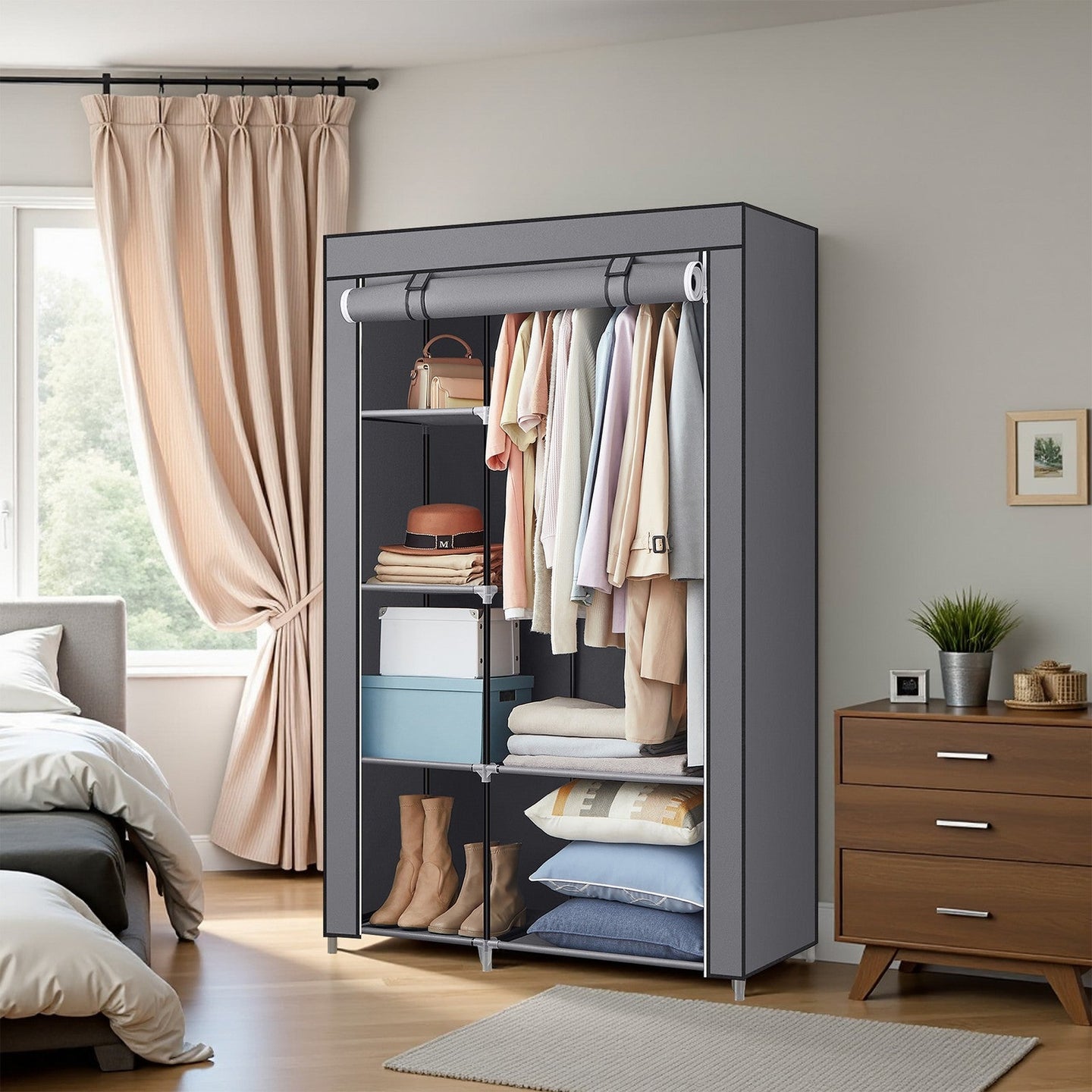 Portable Closet Organizer - Non-Woven Fabric - Grey - 6 Shelves and Hanging Rail