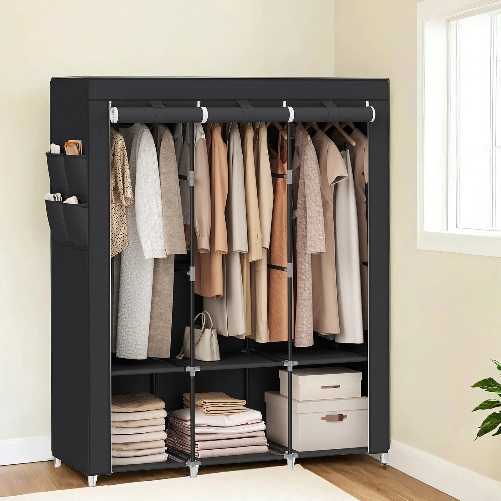 Portable Wardrobe - Fabric - Black - Large Capacity with 3 Hanging Rods and Shelves