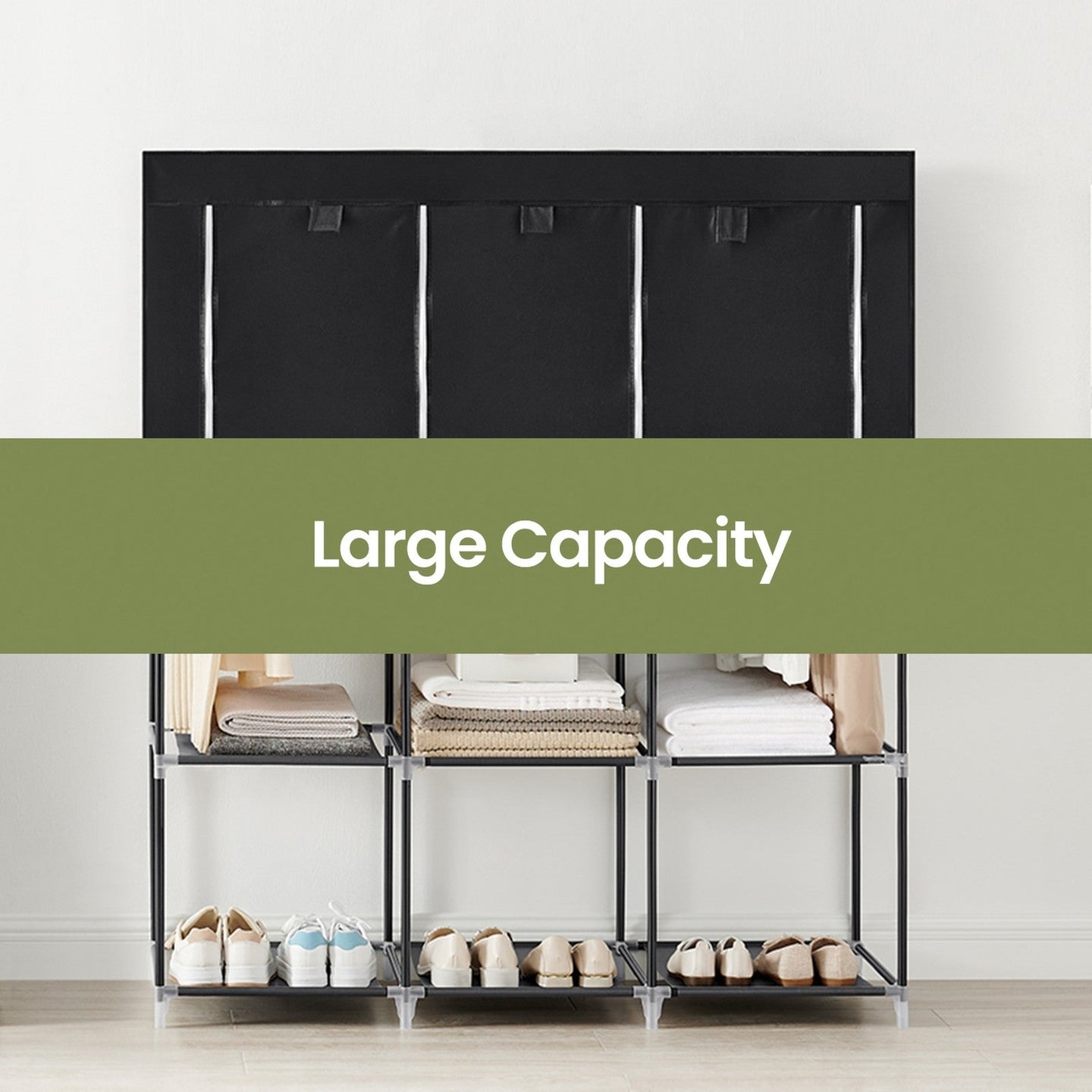 Portable Wardrobe - Fabric - Black - Large Capacity with 3 Hanging Rods and Shelves