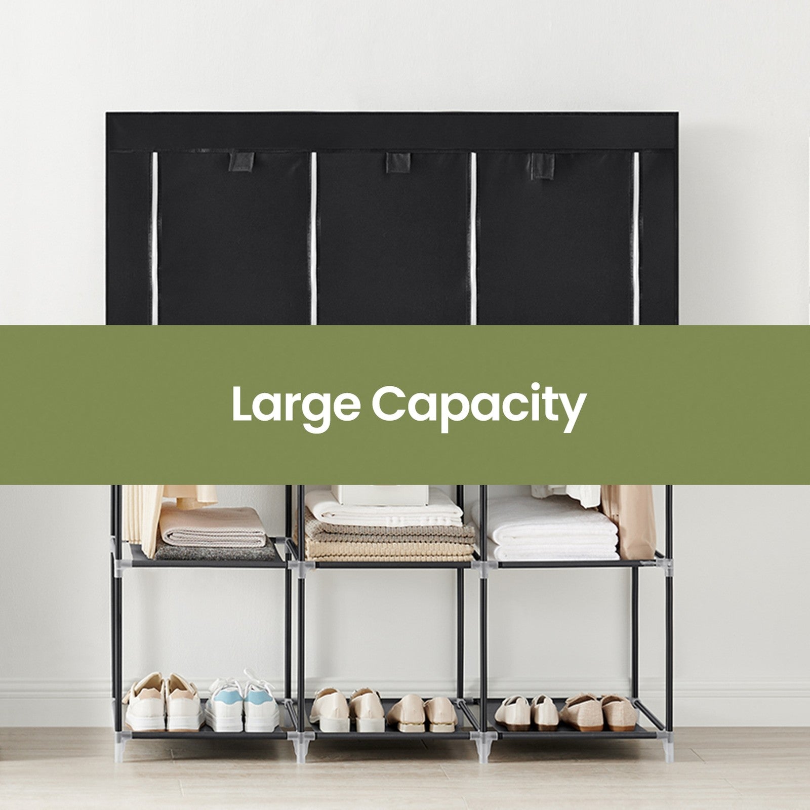 Portable Wardrobe - Fabric - Black - Large Capacity with 3 Hanging Rods and Shelves