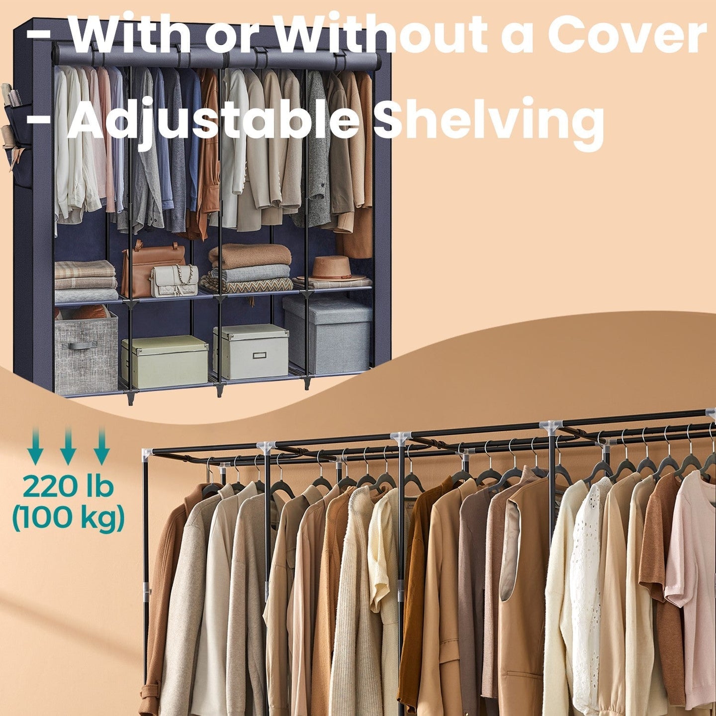 Portable Closet - Fabric - Grey - 4 Hanging Rods