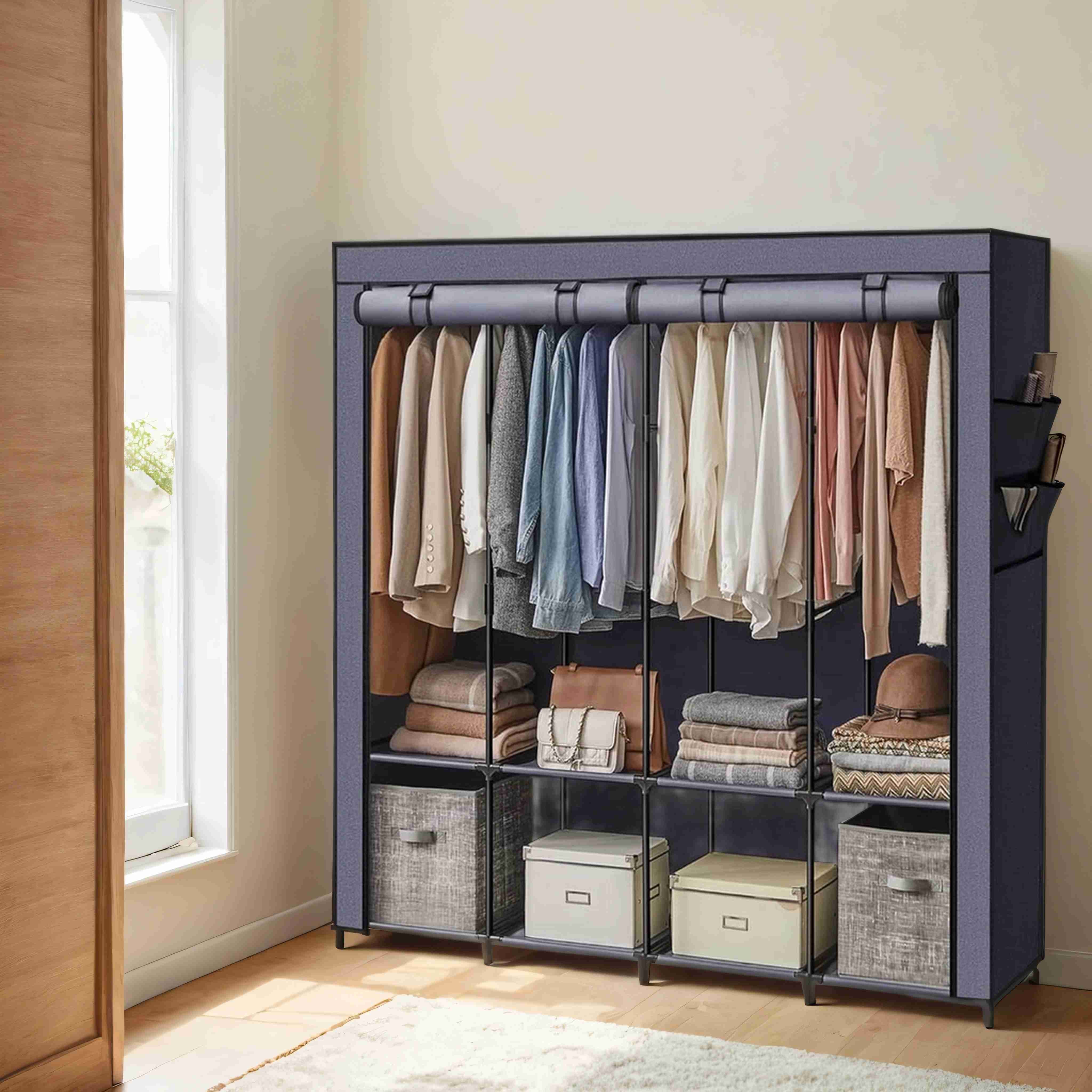 Portable Closet - Fabric - Grey - 4 Hanging Rods