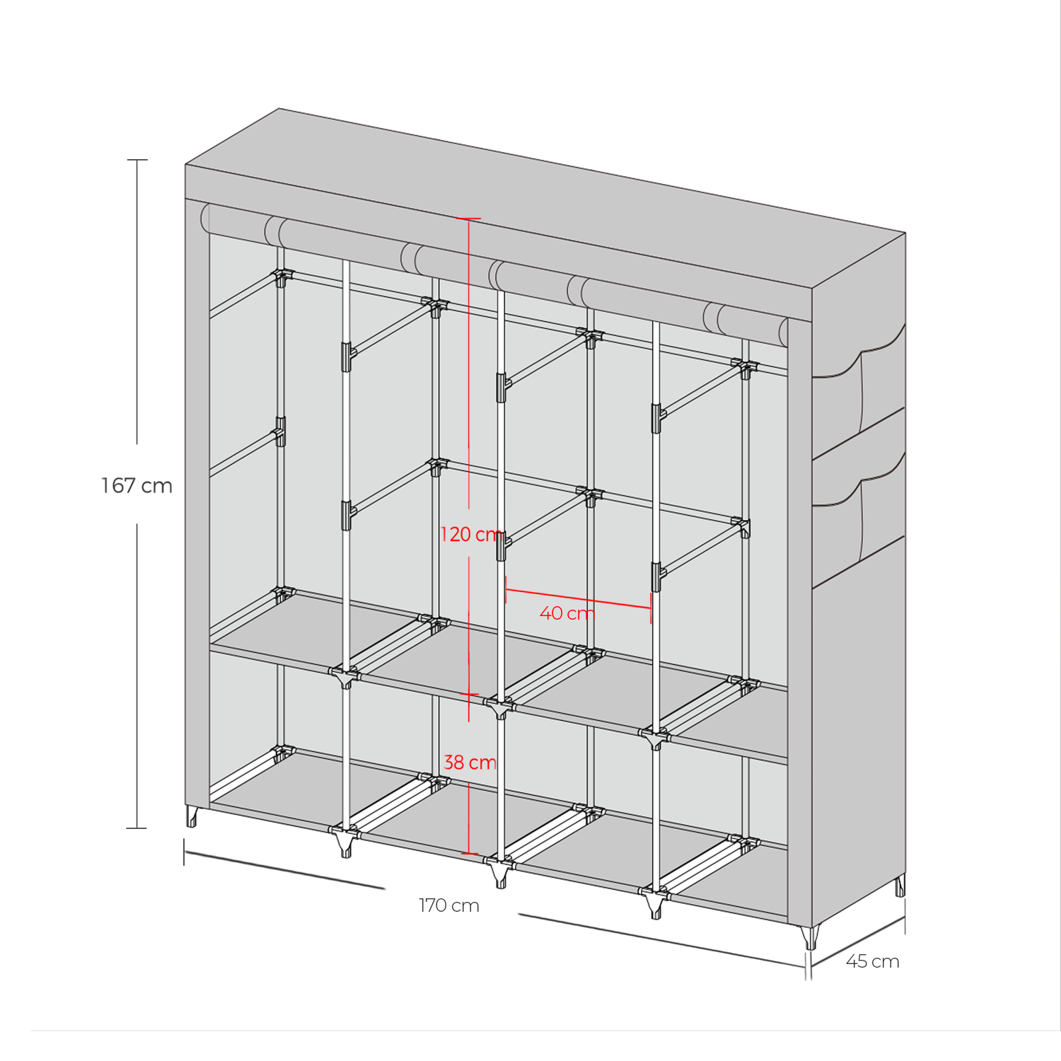 Portable Closet - Fabric - Grey - 4 Hanging Rods