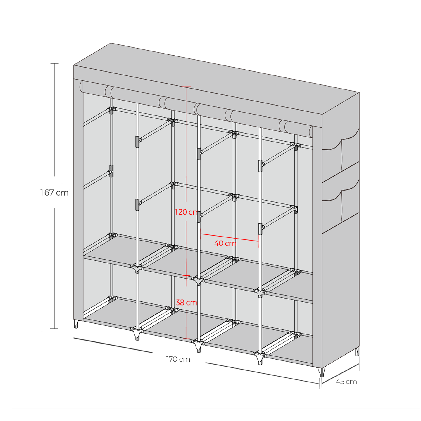 Portable Closet - Fabric - Grey - 4 Hanging Rods