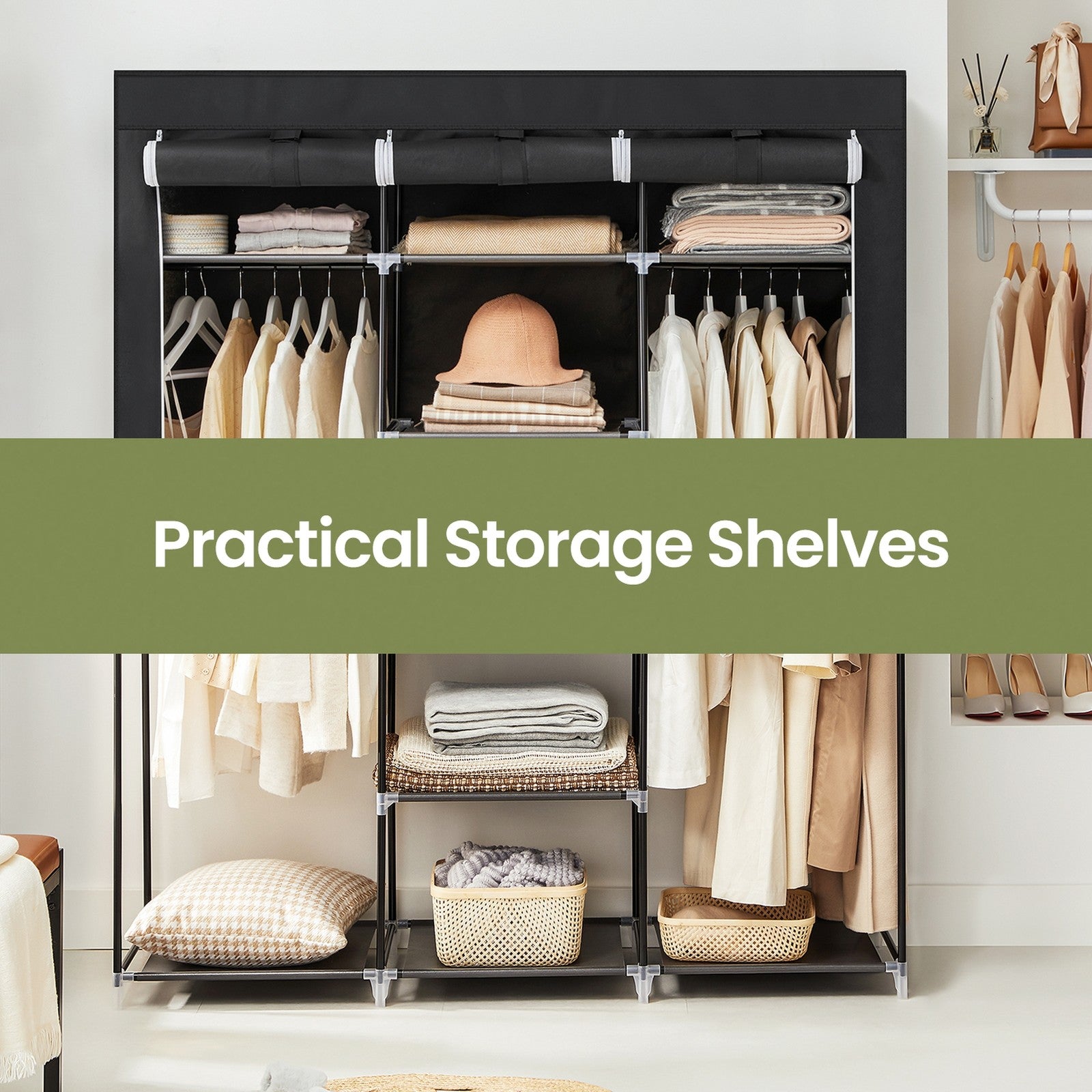 Portable Wardrobe - 175L - Steel Tube - Clothes Hanging Rail