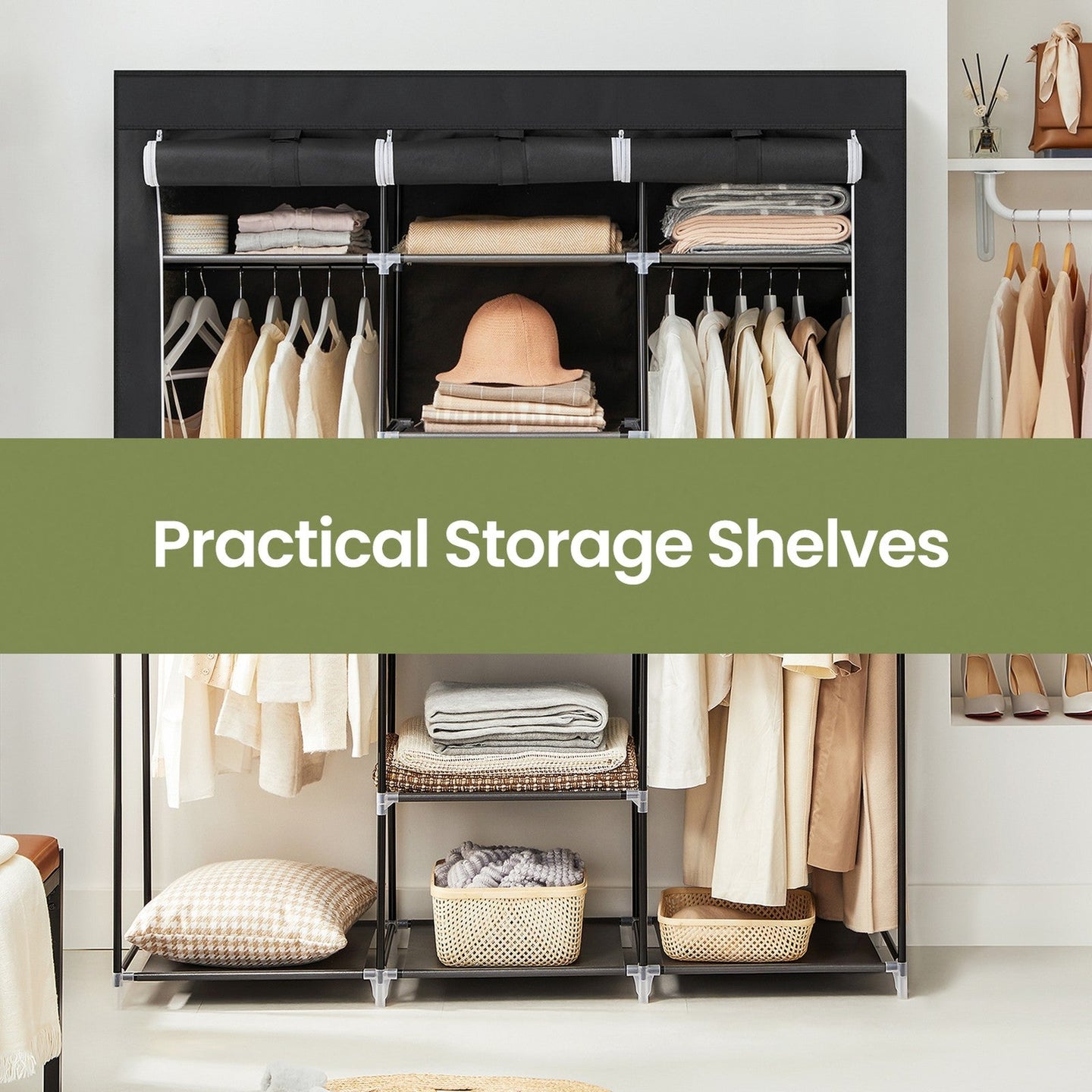 Portable Wardrobe - 175L - Steel Tube - Clothes Hanging Rail