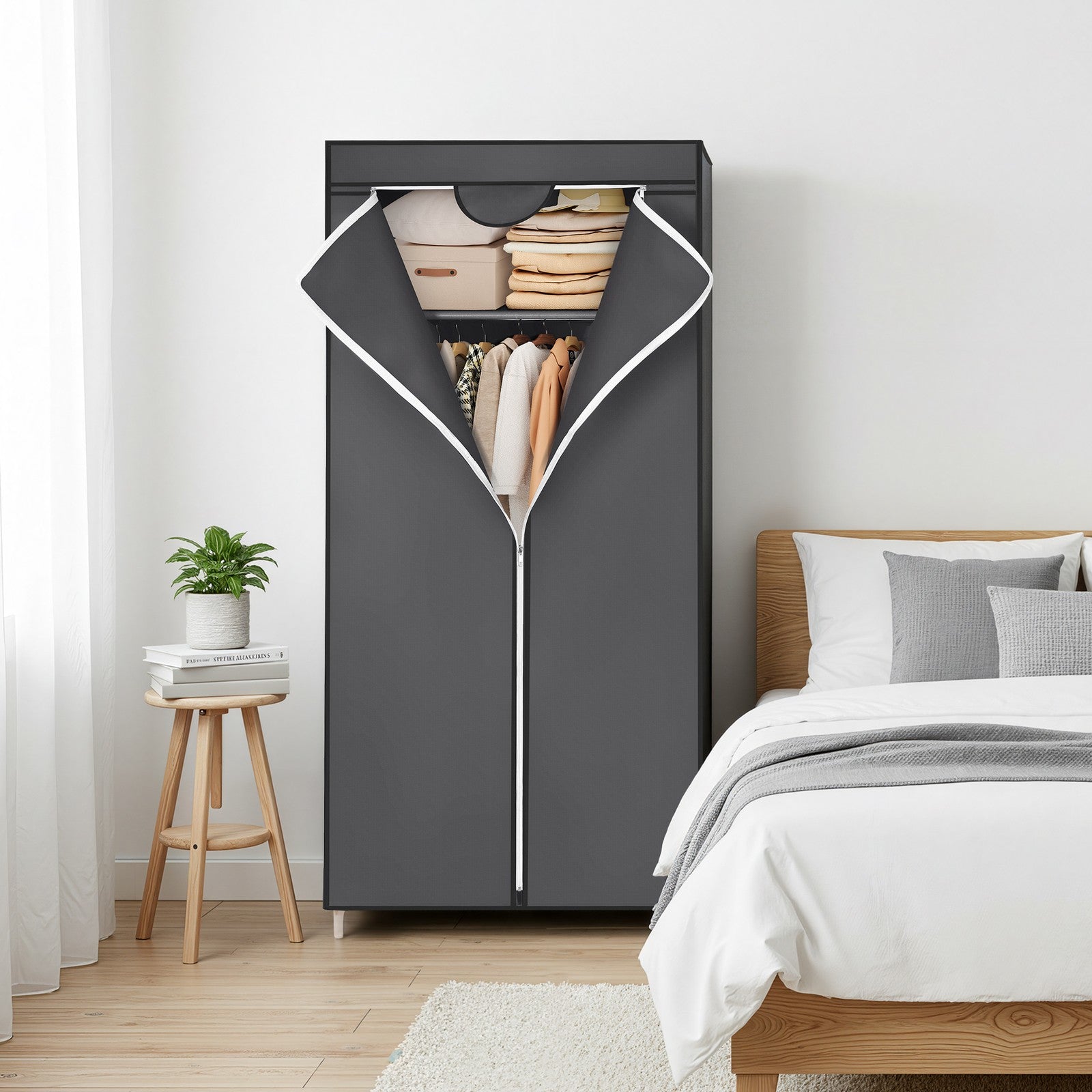 Foldable Fabric Wardrobe - Canvas - Black - Portable Closet Organizer with Hanging Rail and Shelves